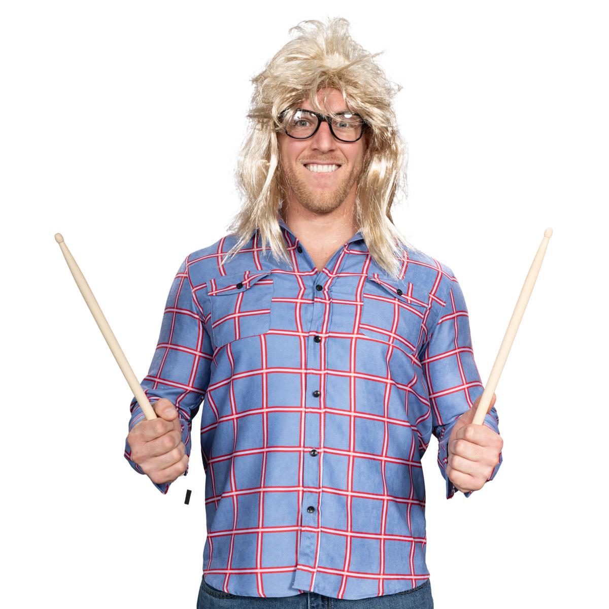 Garth Funny Tv Show Character Cosplay Button Down Flannel Shirt Wig and Drumstick Halloween Costume Set - TVStoreOnline