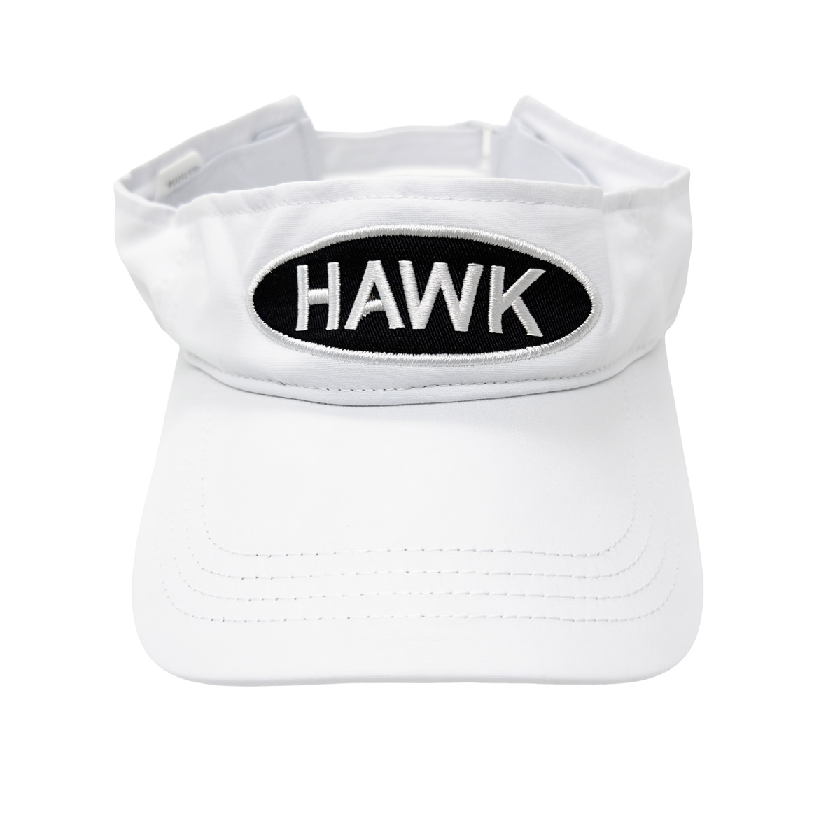 White Golfer Lonnie cosplay visor with black oval logo patch, front view on white