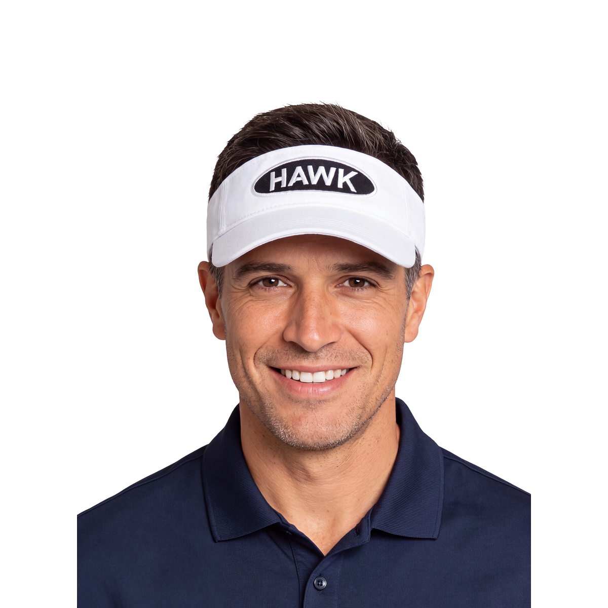 Man wearing the white Golfer Lonnie visor, front view on white background