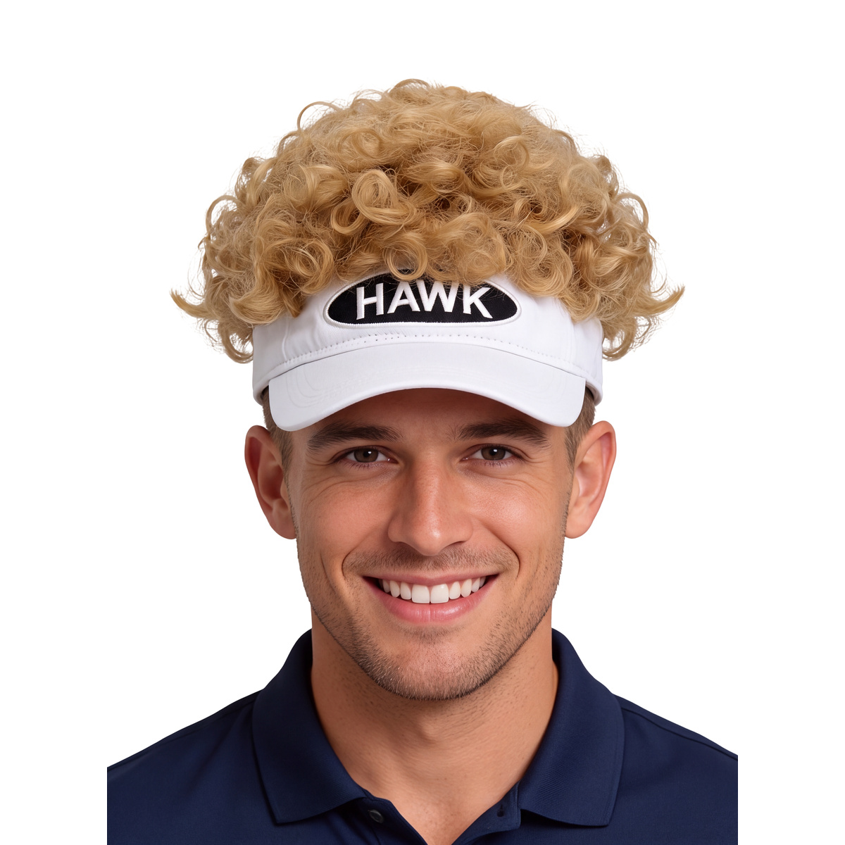 Man wearing the white golfer visor with attached blonde curly wig, front view on white
