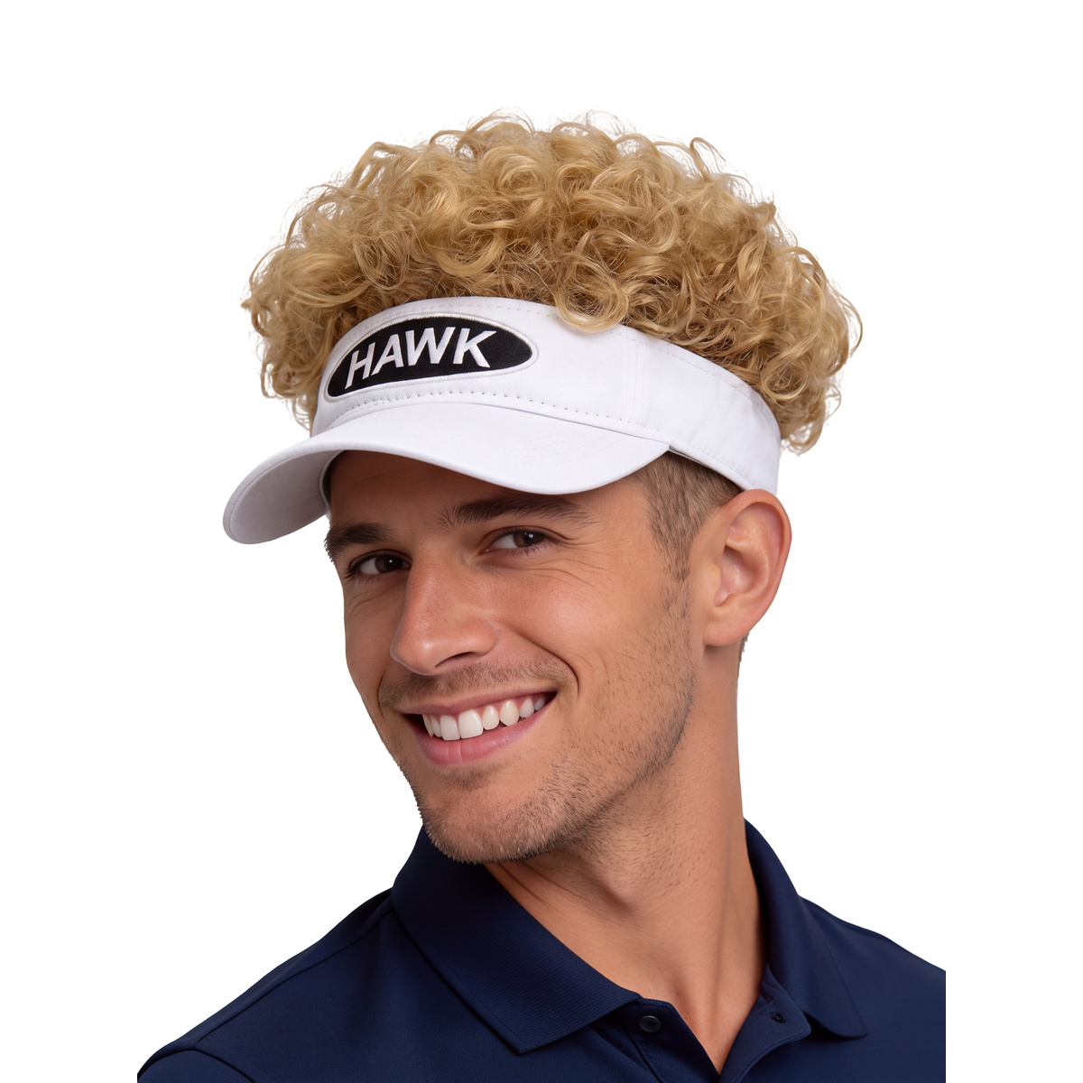 Smiling man in the golfer visor with curly wig, three-quarter view on white background