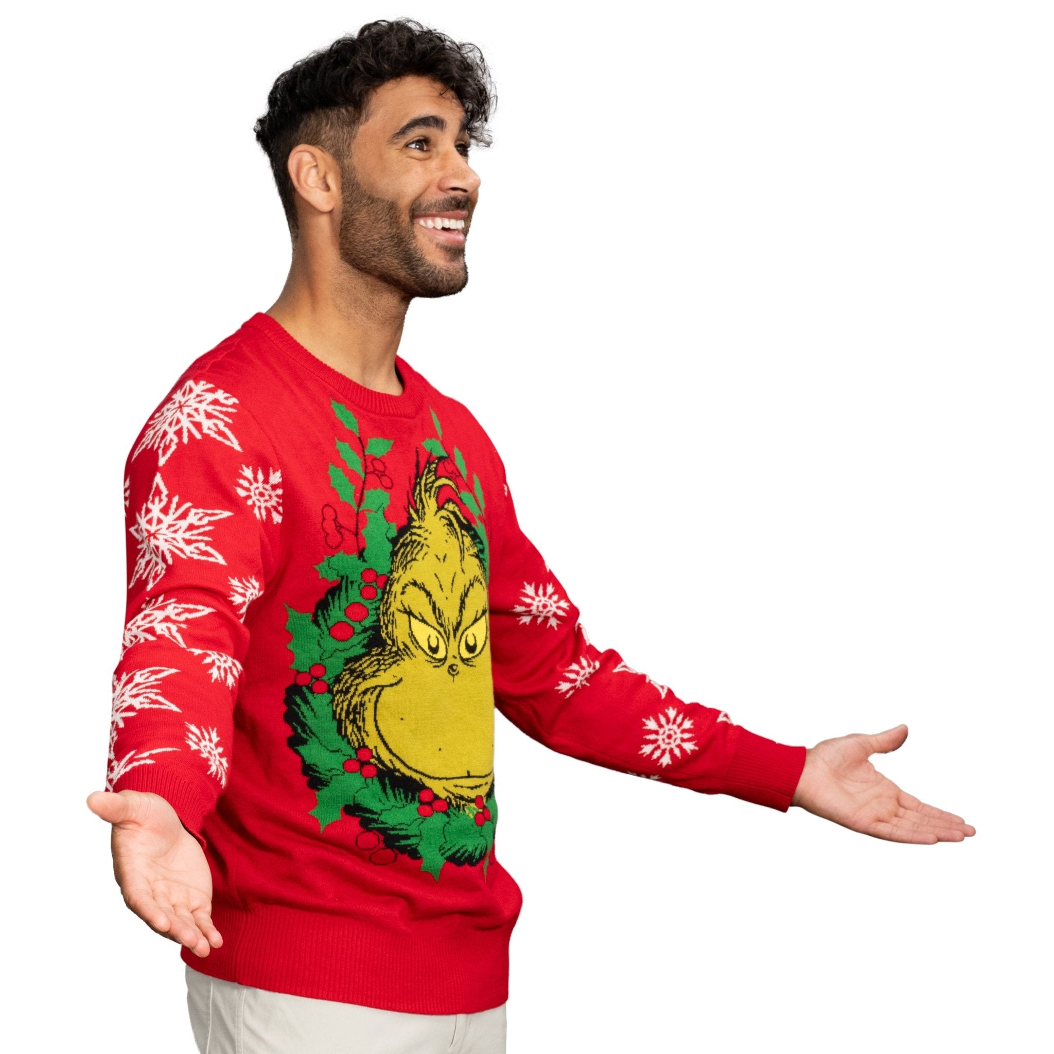 Grinch Head Santa Hat Wreath Sweater - TVStoreOnline