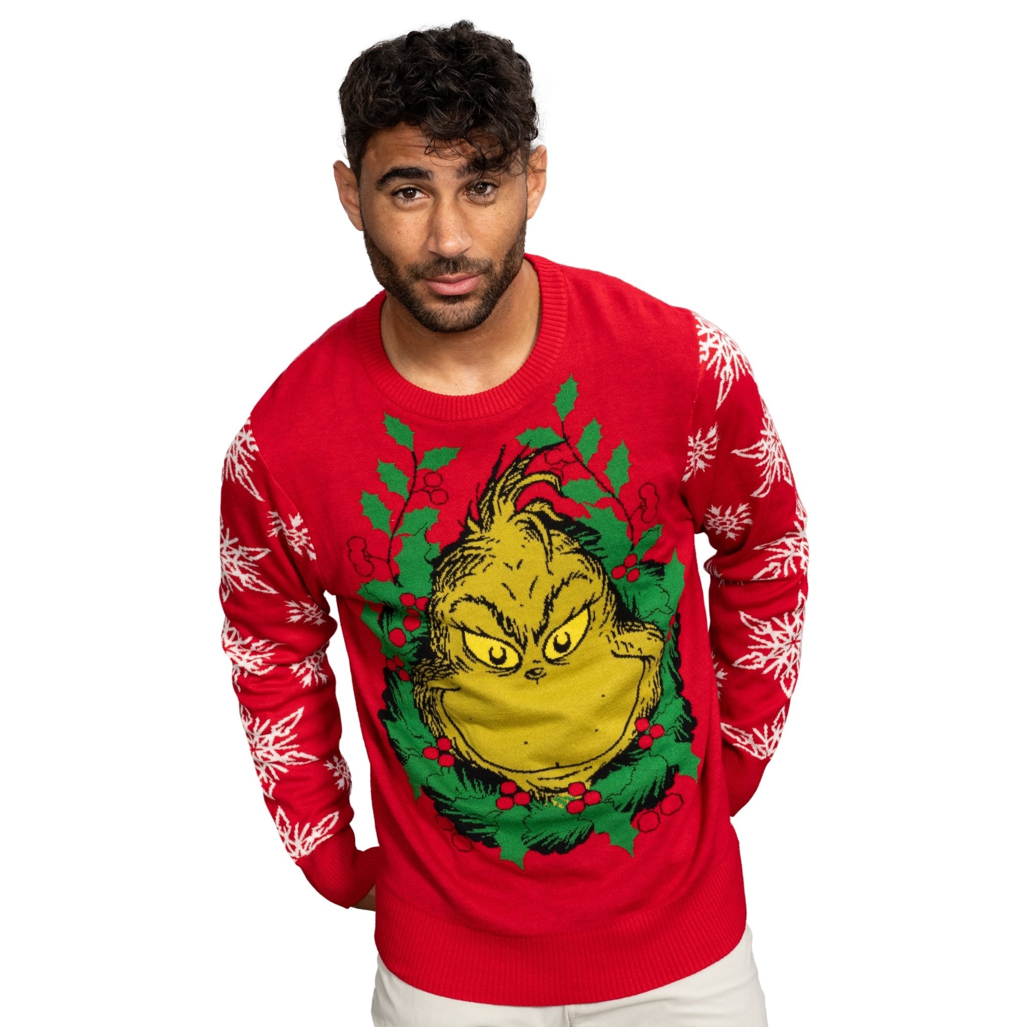 Grinch Head Santa Hat Wreath Sweater - TVStoreOnline