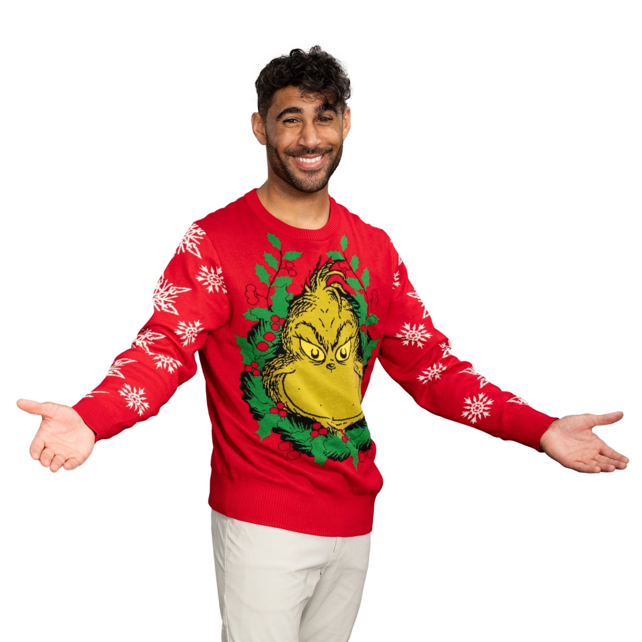 Grinch Head Santa Hat Wreath Sweater - TVStoreOnline
