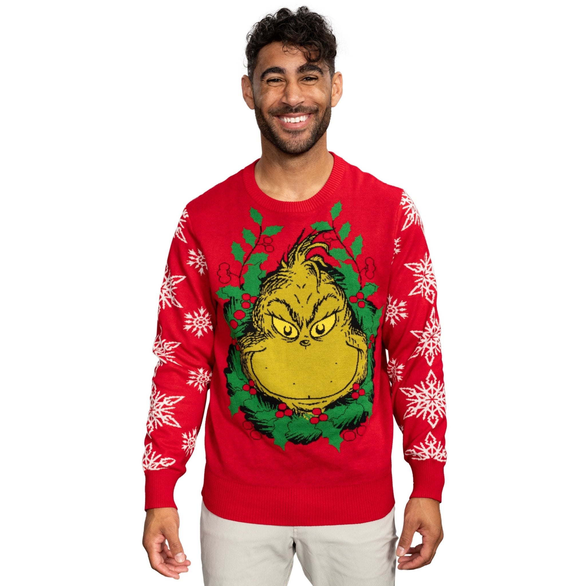 Grinch Head Santa Hat Wreath Sweater - TVStoreOnline