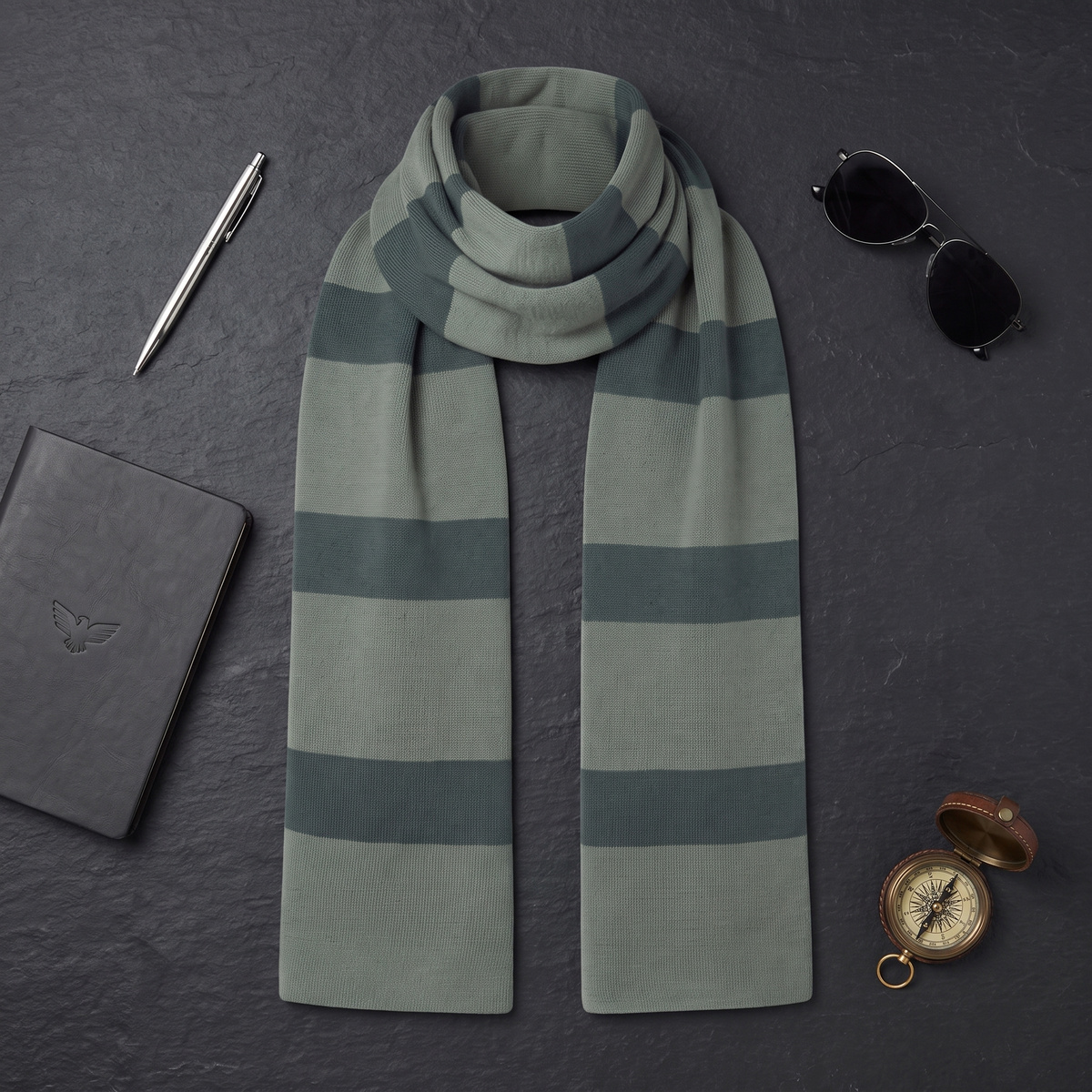 Gru grey scarf flat lay on slate with a notebook, pen, sunglasses and a compass