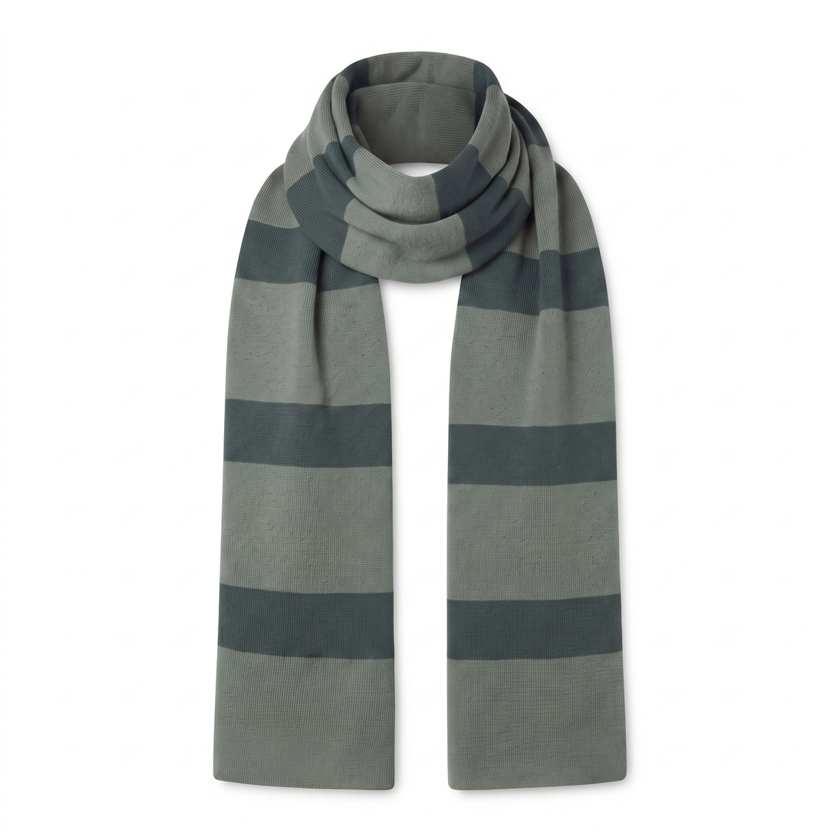 Grey and dark green striped Gru replica scarf hanging on a white background