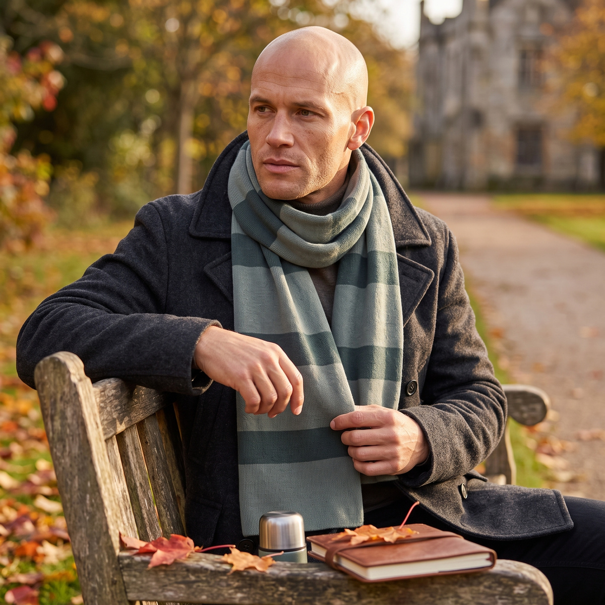 Man in a dark coat and the Gru striped scarf on a park bench in autumn