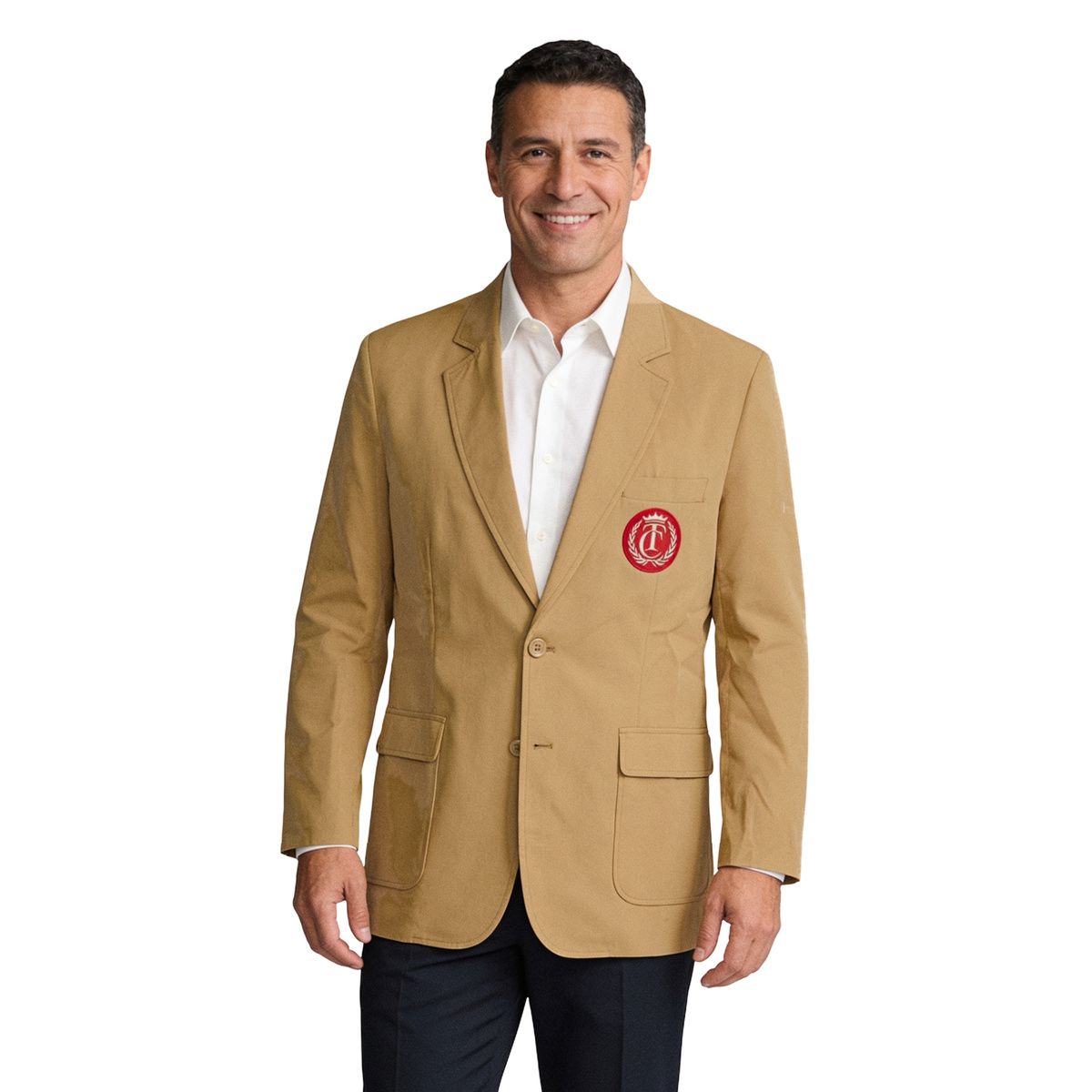 Happy Gilmore costume jacket, tan blazer with red crest patch, front view on white background