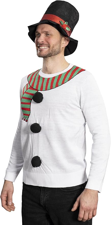 I Am the Snowman Knitted Unisex Ugly Christmas Sweater Top Hat Costume Set - TVStoreOnline