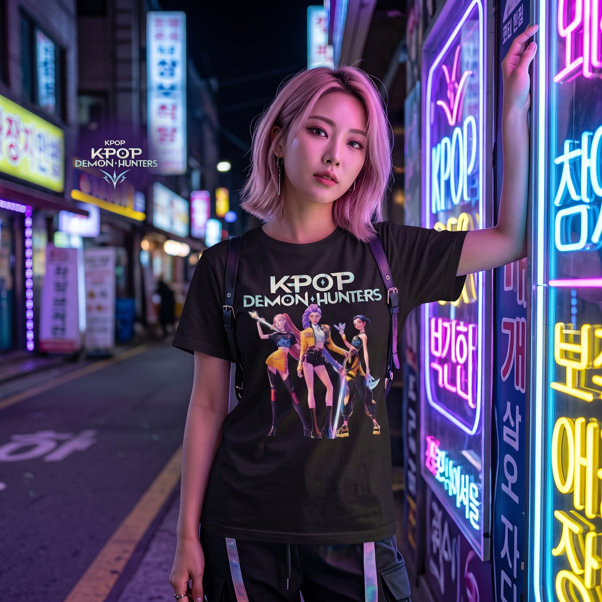 Woman with pink hair wearing the K Pop Demon Hunters T-shirt on a neon-lit street at night