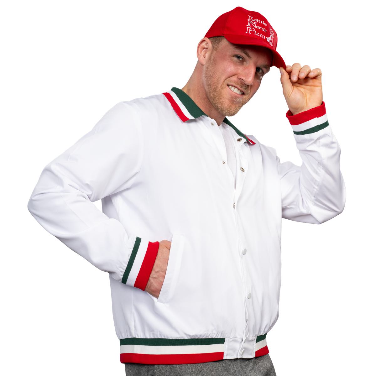 Little Nero’s Pizza Delivery Driver Christmas Movie White Jacket and Red Hat Complete Cosplay Halloween Costume Set - TVStoreOnline