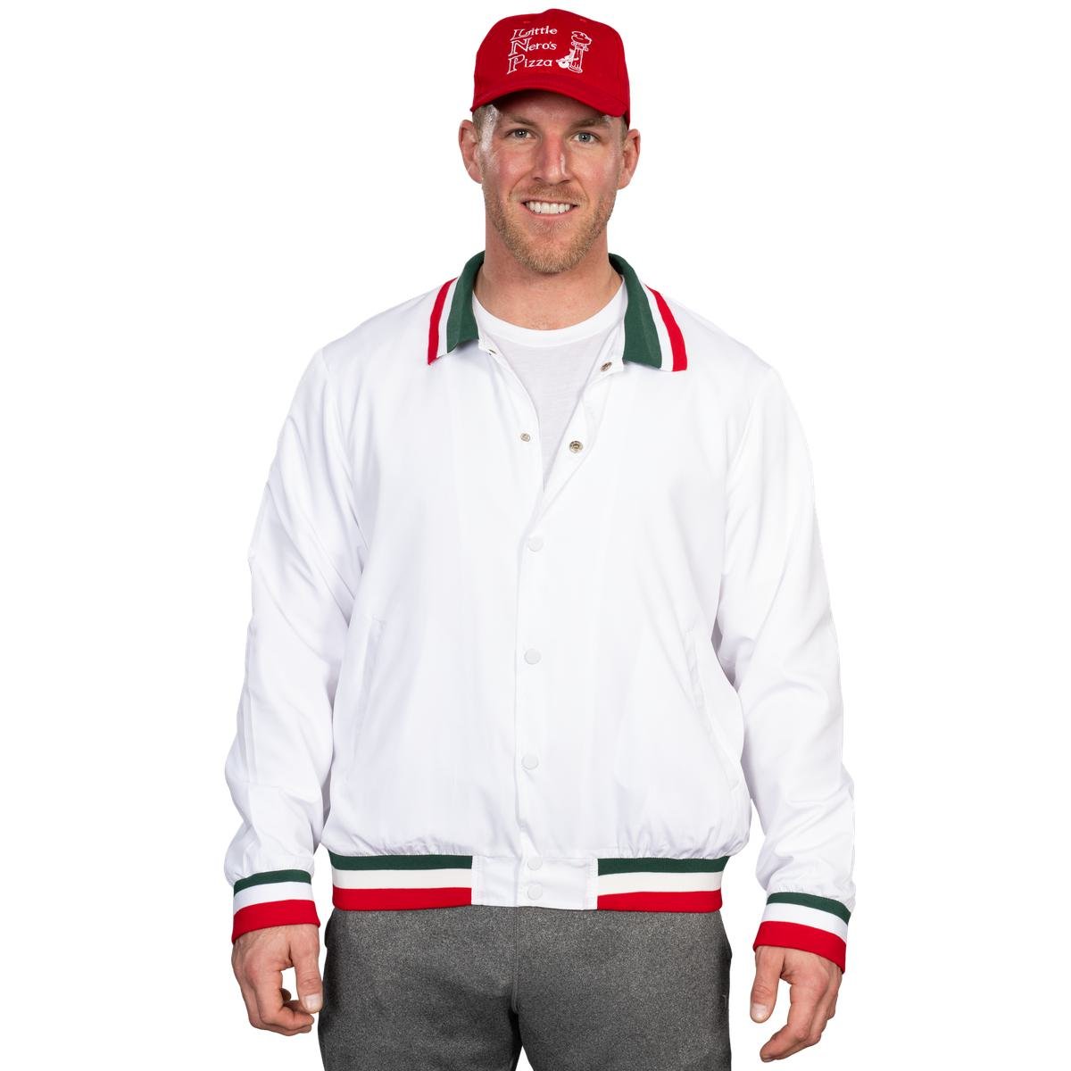 Little Nero’s Pizza Delivery Driver Christmas Movie White Jacket and Red Hat Complete Cosplay Halloween Costume Set - TVStoreOnline