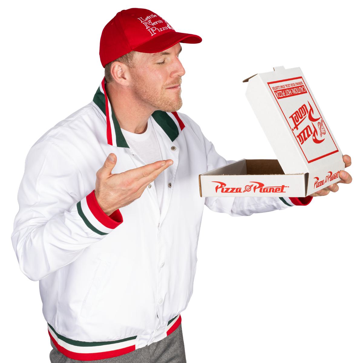 Little Nero’s Pizza Delivery Driver Christmas Movie White Jacket and Red Hat Complete Cosplay Halloween Costume Set - TVStoreOnline