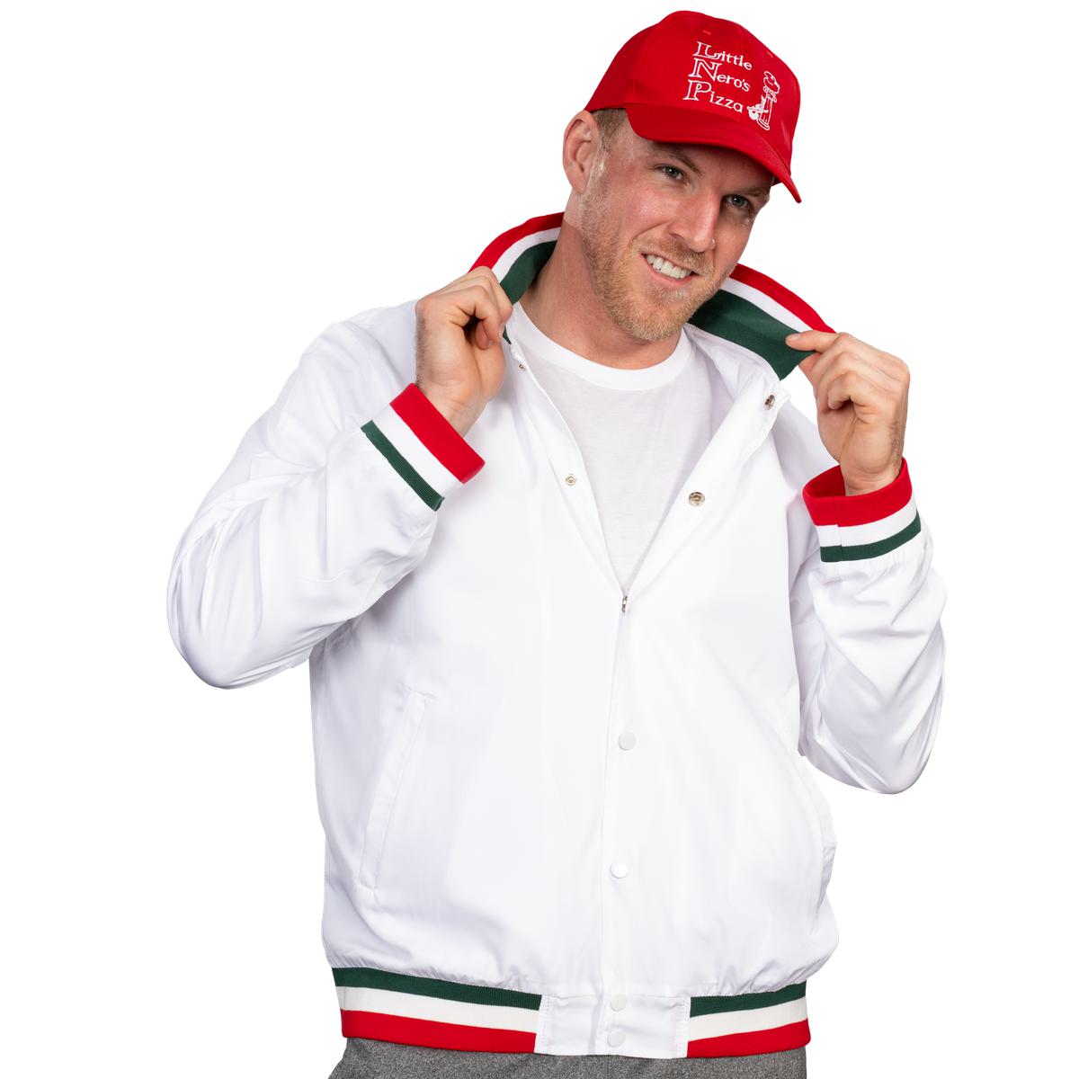 Little Nero’s Pizza Delivery Driver Christmas Movie White Jacket and Red Hat Complete Cosplay Halloween Costume Set - TVStoreOnline