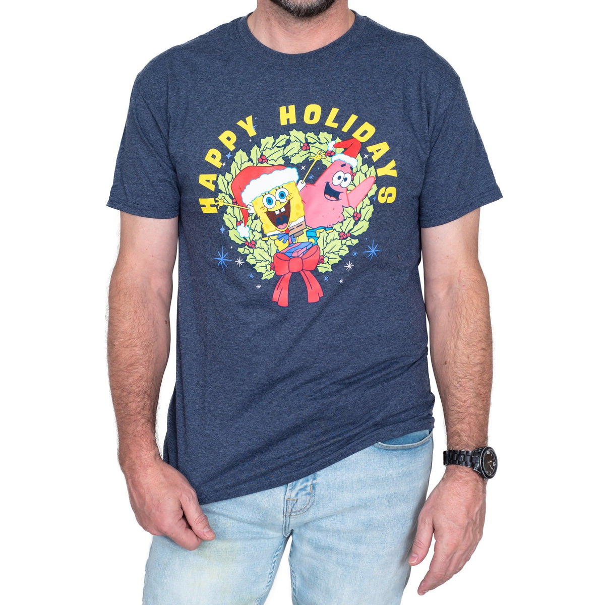 Mad Engine SpongeBob and Patrick Wreath Joy Happy Holidays Short Sleeve Christmas T-Shirt - TVStoreOnline