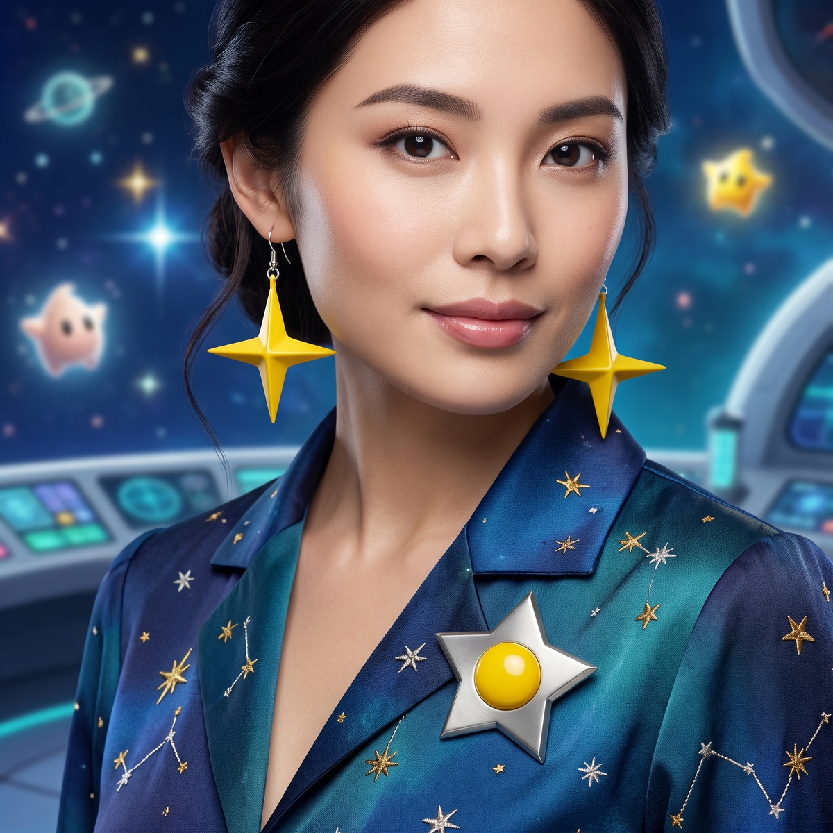 Woman wearing yellow star earrings and silver star pin with a blue starry blouse against a space backdrop