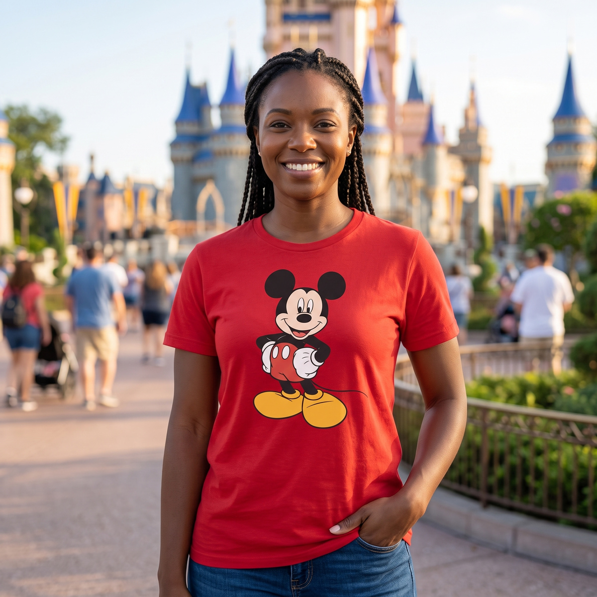 Smiling woman wearing the red Mickey Mouse T-shirt in front of a fairytale castle
