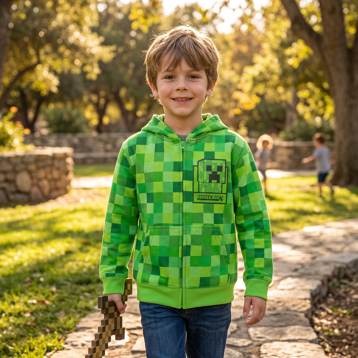 Smiling child wearing the green Minecraft Creeper zip-up hoodie on a sunny park path