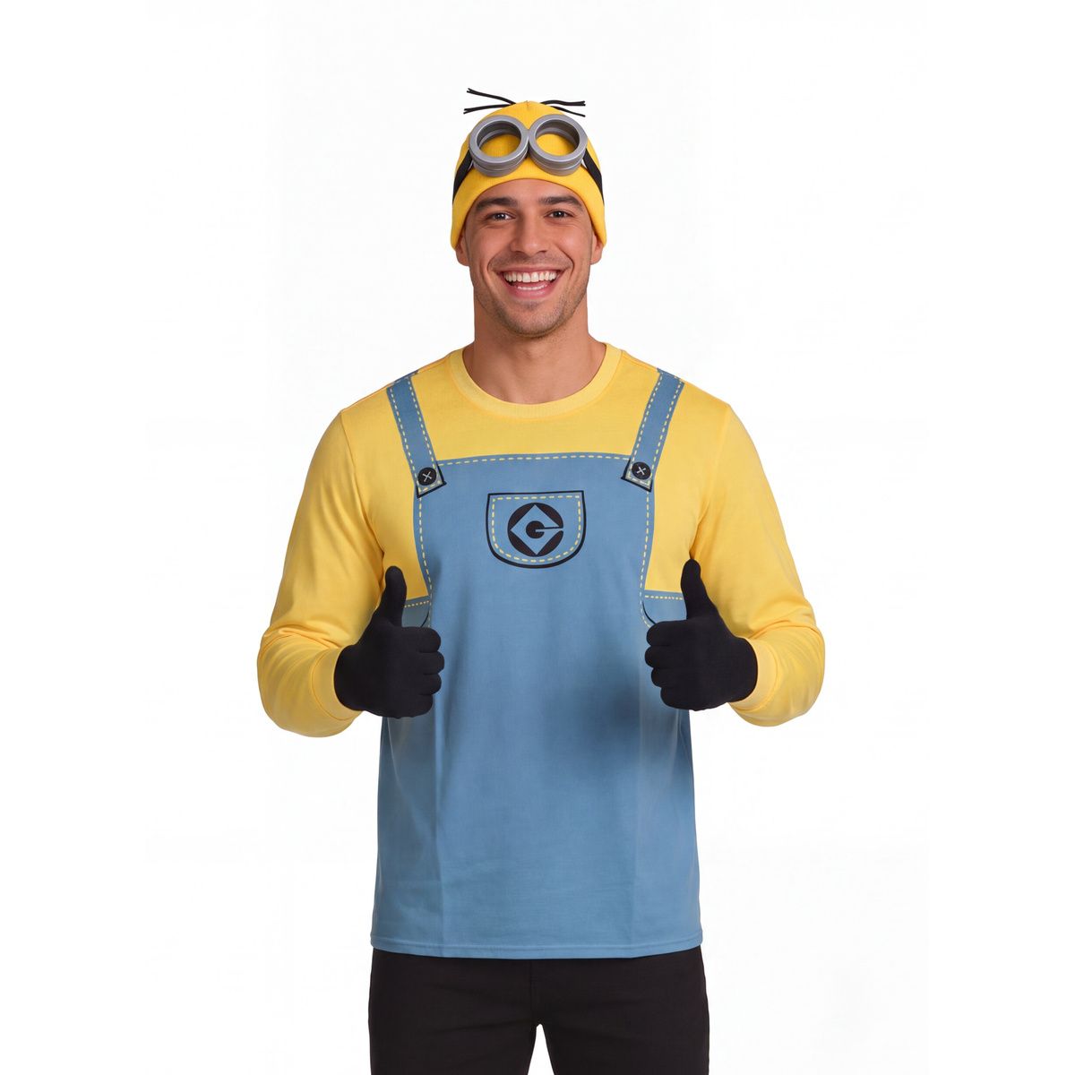 Man giving two thumbs up in the Minions costume shirt with gloves and goggle hat
