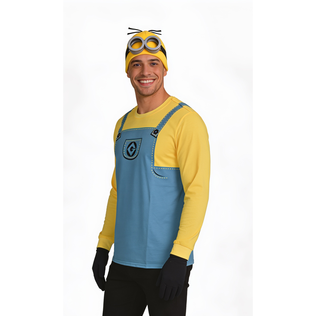 Man in the Minions long sleeve overall-print shirt and goggle hat, side view