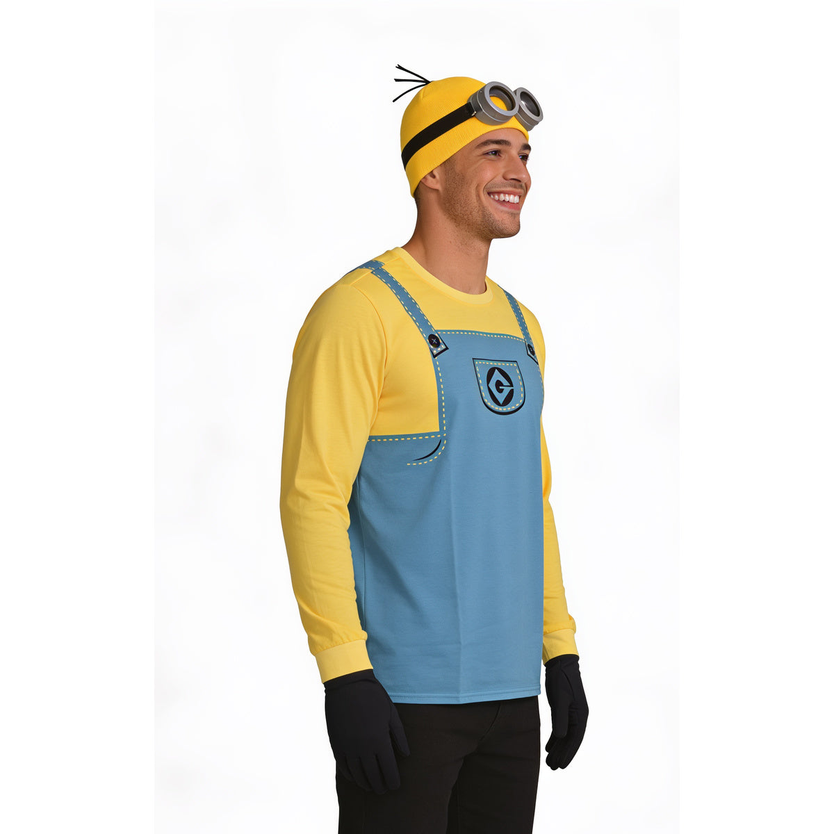 Man in the Minions costume set with the goggle beanie, looking to the side
