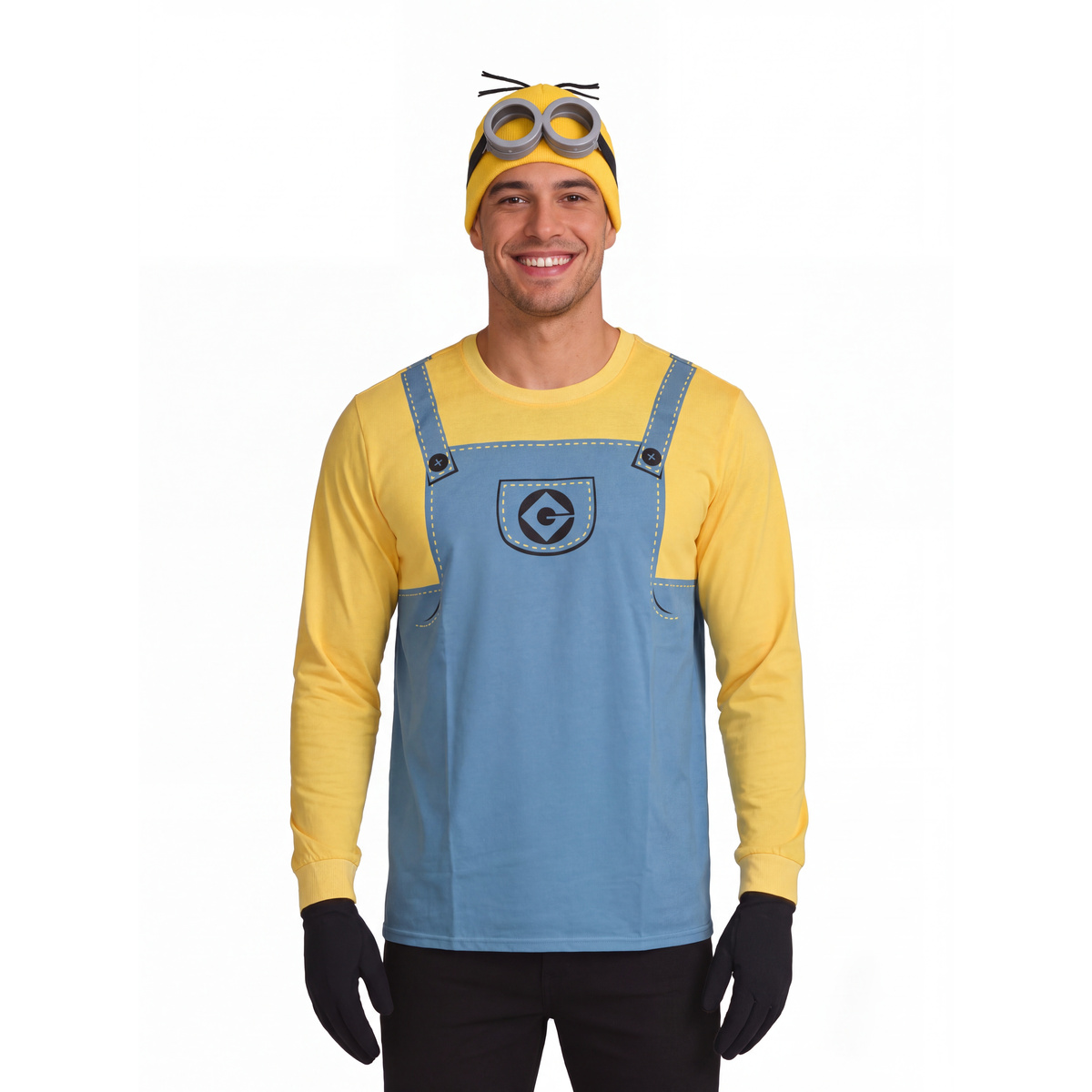 Smiling man wearing the full Minions shirt, beanie and gloves costume set, front view