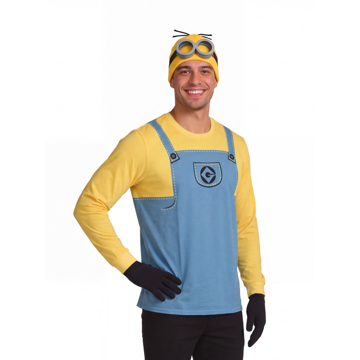 Man posing with a hand on his hip in the Minions costume shirt and accessory set
