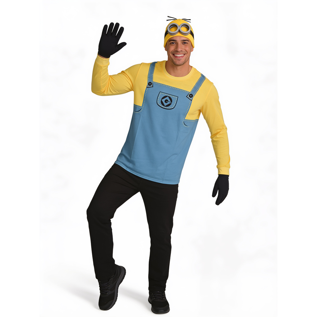 Man waving and dancing in the Minions costume shirt and accessory set