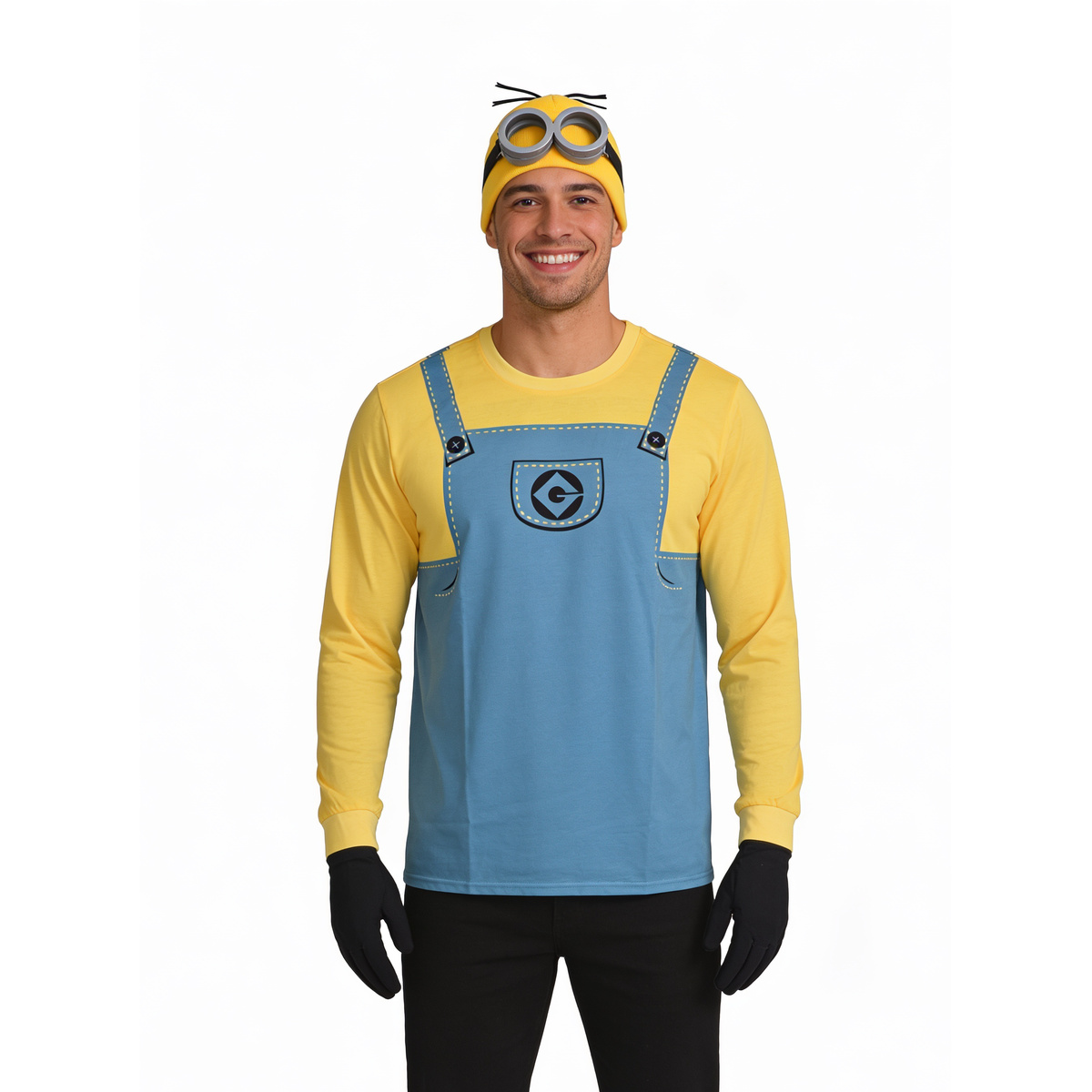Man in the Minions costume shirt set with goggle beanie and black gloves, front view on white