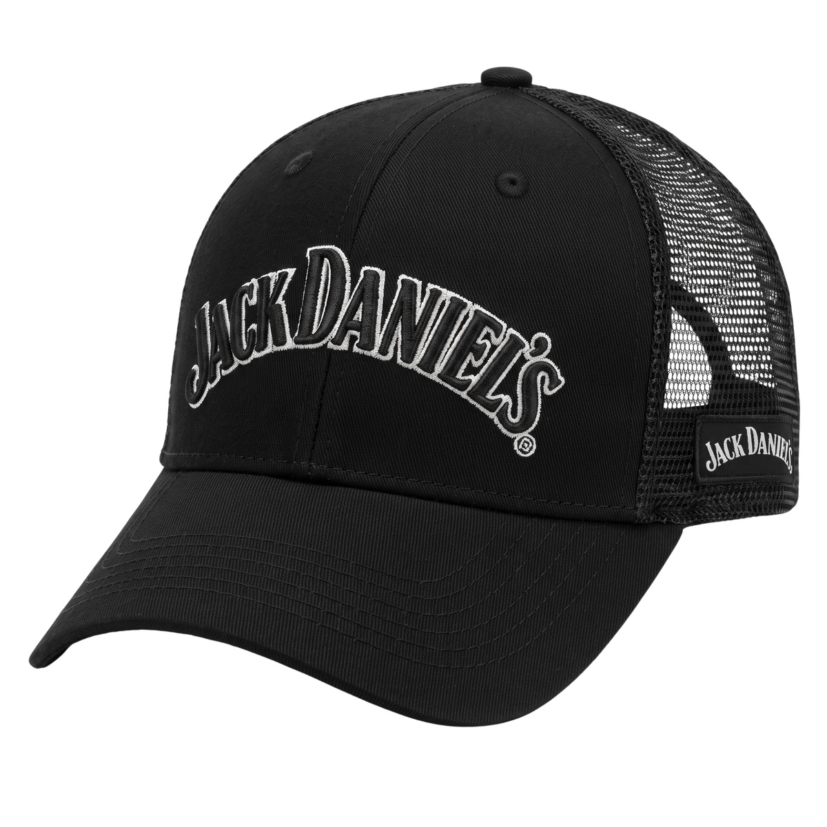 Jack Daniel's black arch logo trucker hat, three-quarter view on white background