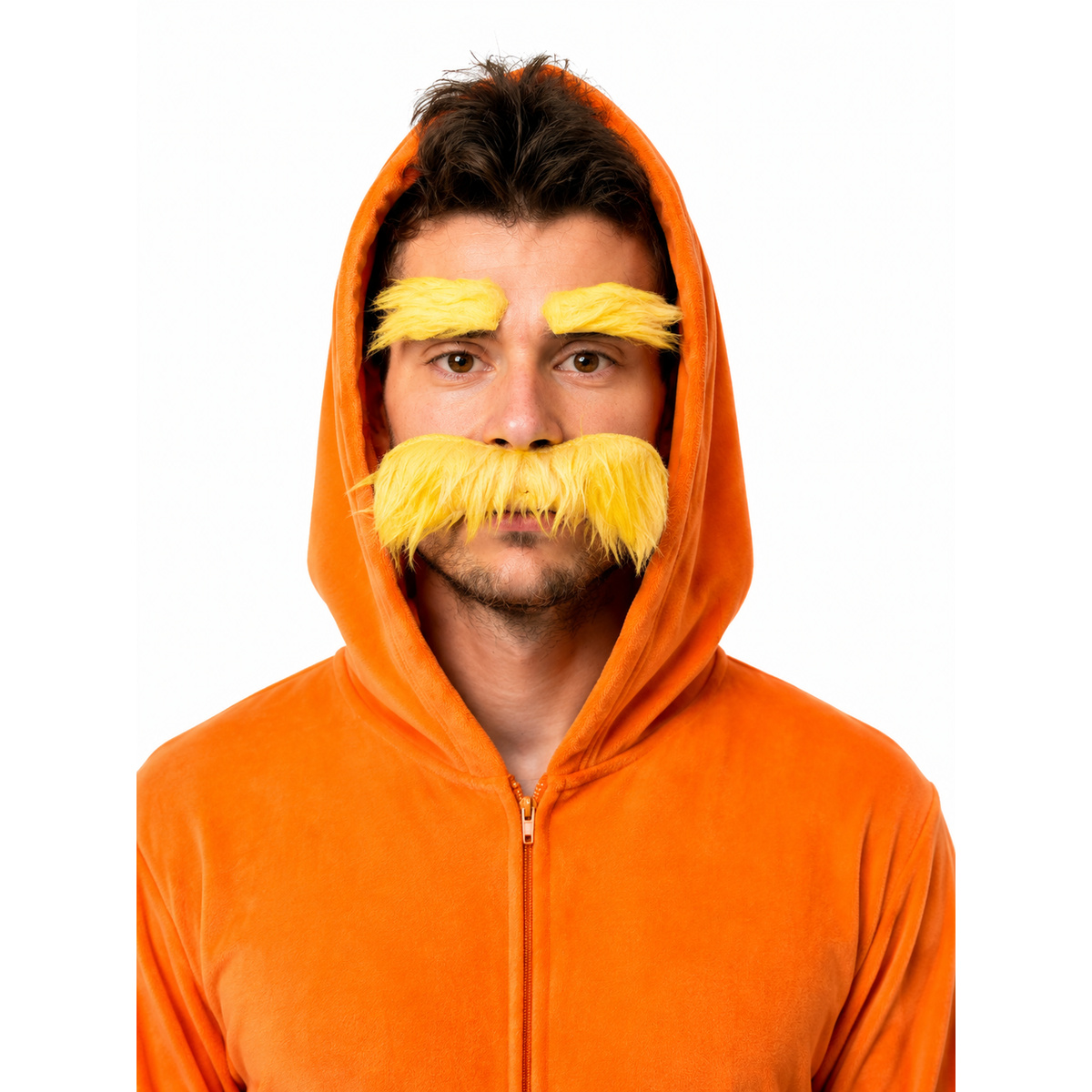 Close-up of man in orange hooded pajama suit with fuzzy yellow mustache and eyebrows