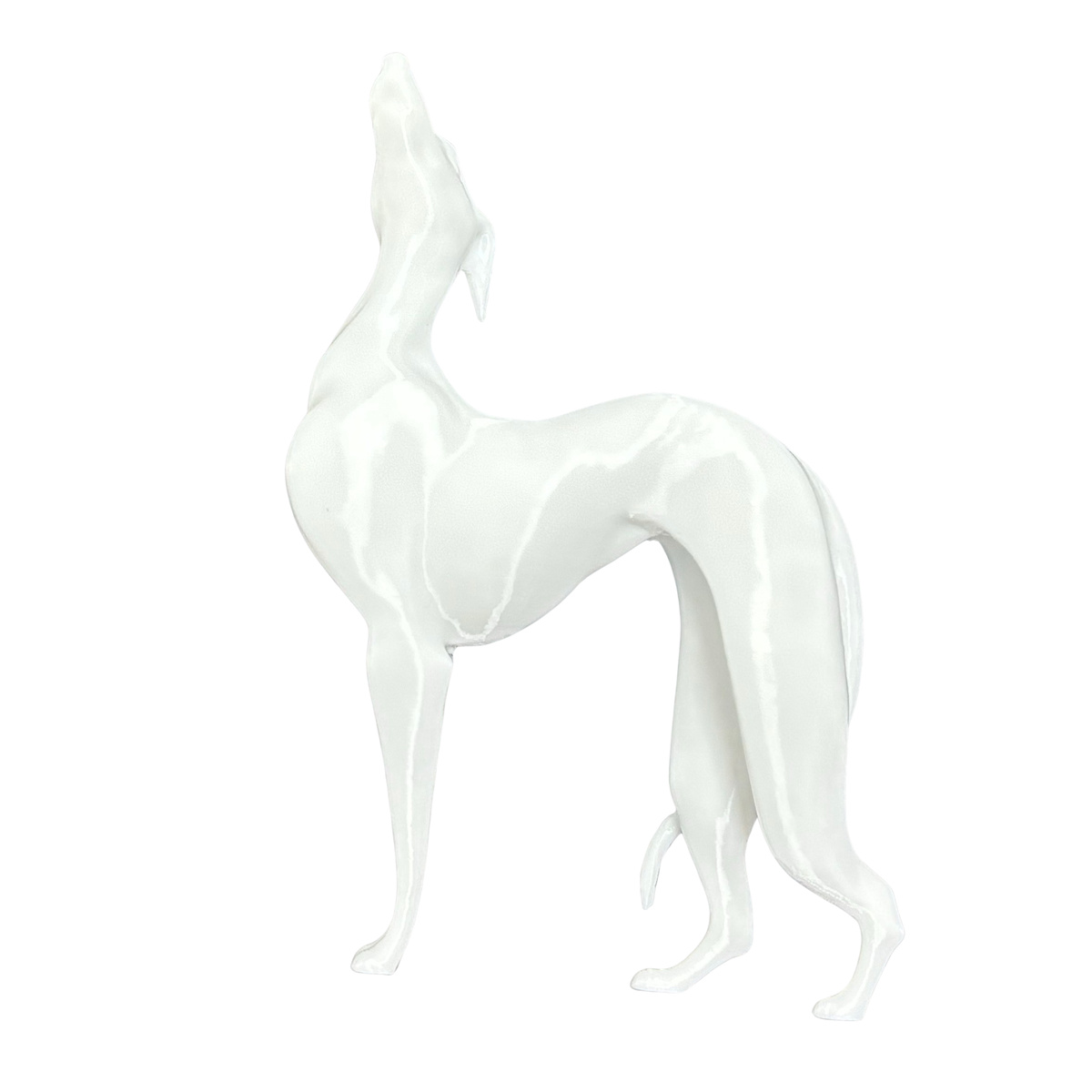 Pat the Dog white greyhound figurine with head raised, side view on white background