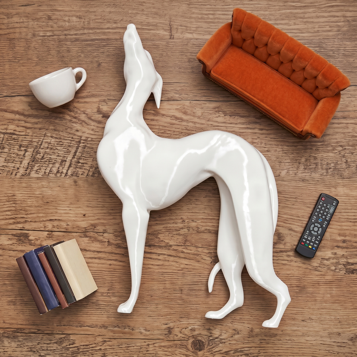 Pat the Dog figurine flat lay on wood with a miniature orange sofa, cup, books and remote