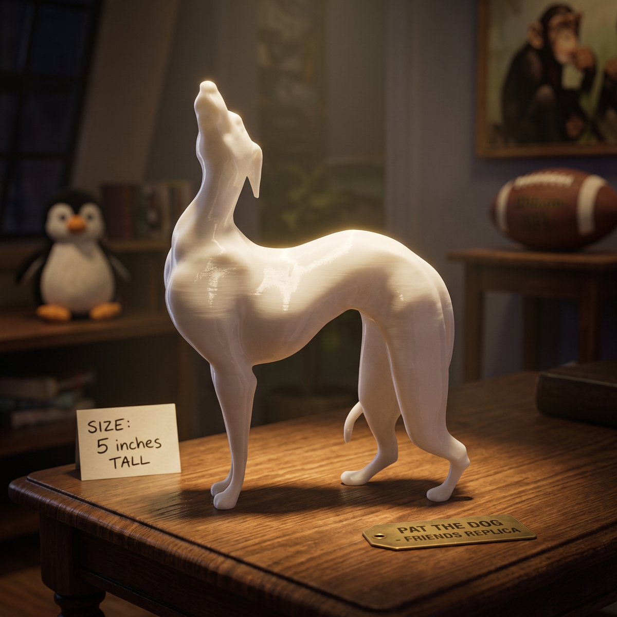Pat the Dog figurine on a wooden side table with a 5-inch size card in a cozy living room