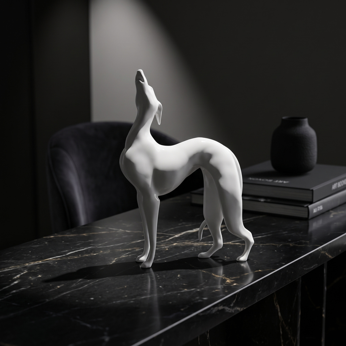 White dog figurine on a black marble shelf in dramatic low light