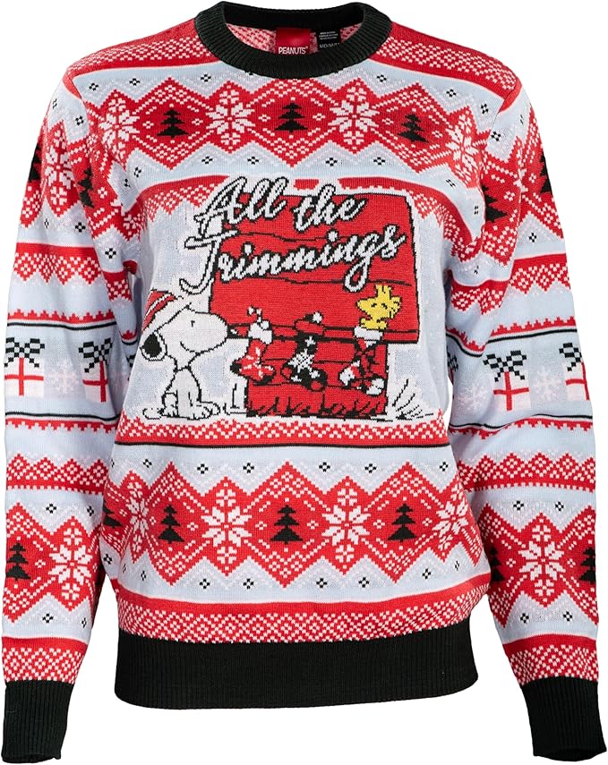 Peanuts House Snoopy and Woodstock All The Trimmings Adult Ugly Christmas Sweater - TVStoreOnline