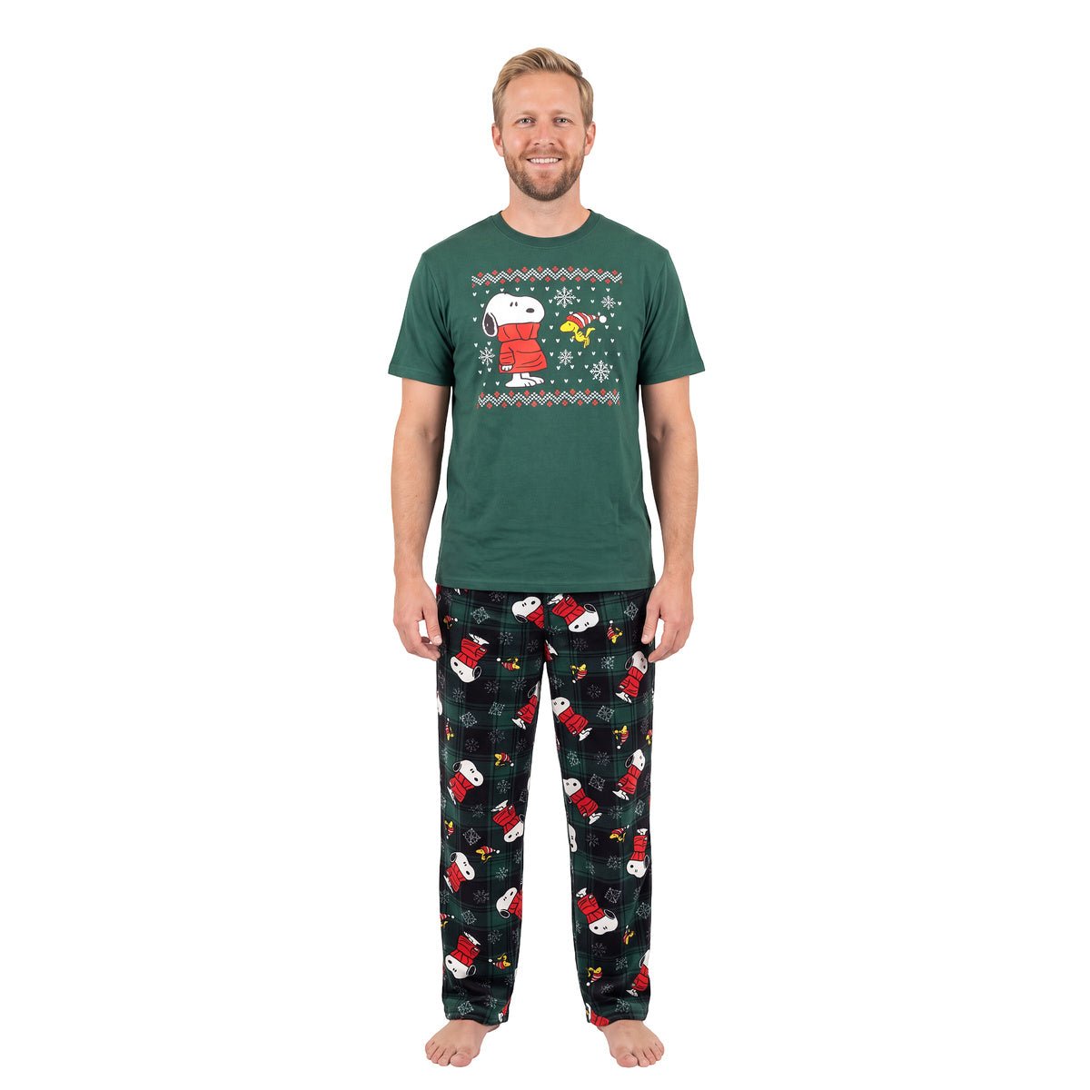 Peanuts & Woodstock Fair Isle Adult Unisex Pajama Loungewear Green Sleep Set - TVStoreOnline