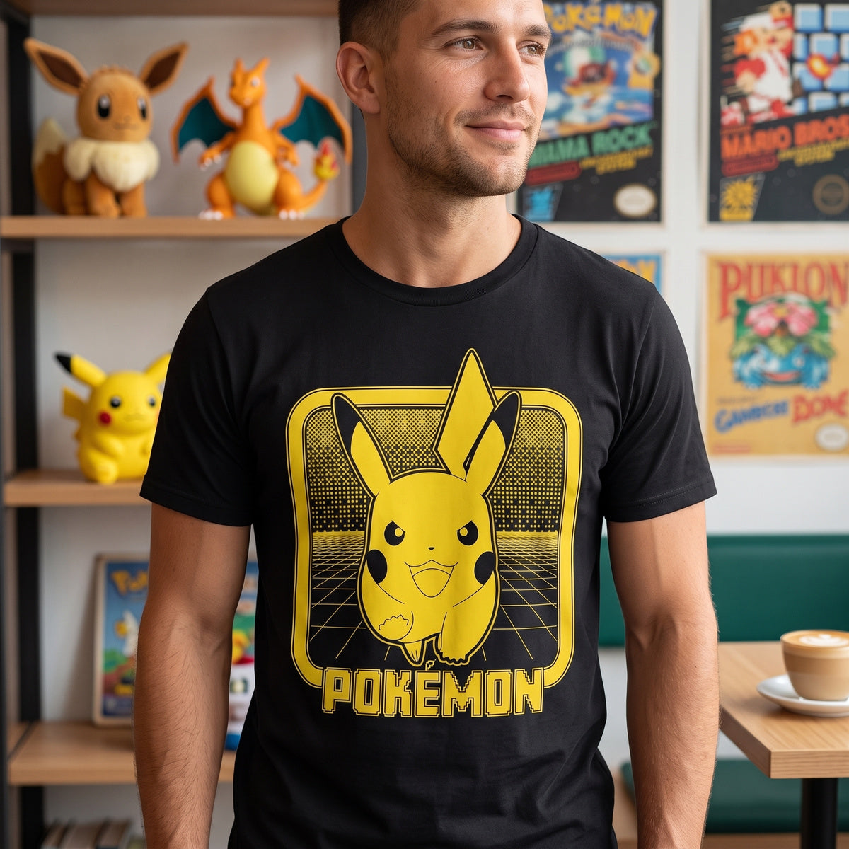 Man wearing the Pikachu T-shirt in a cafe with collectible plush toys on the shelves