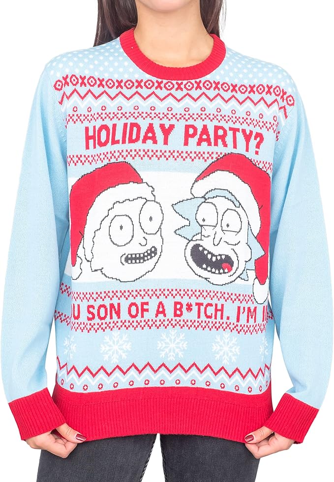 Rick and Morty Holiday Party Light Blue Adult Unisex Ugly Christmas Sweater - TVStoreOnline