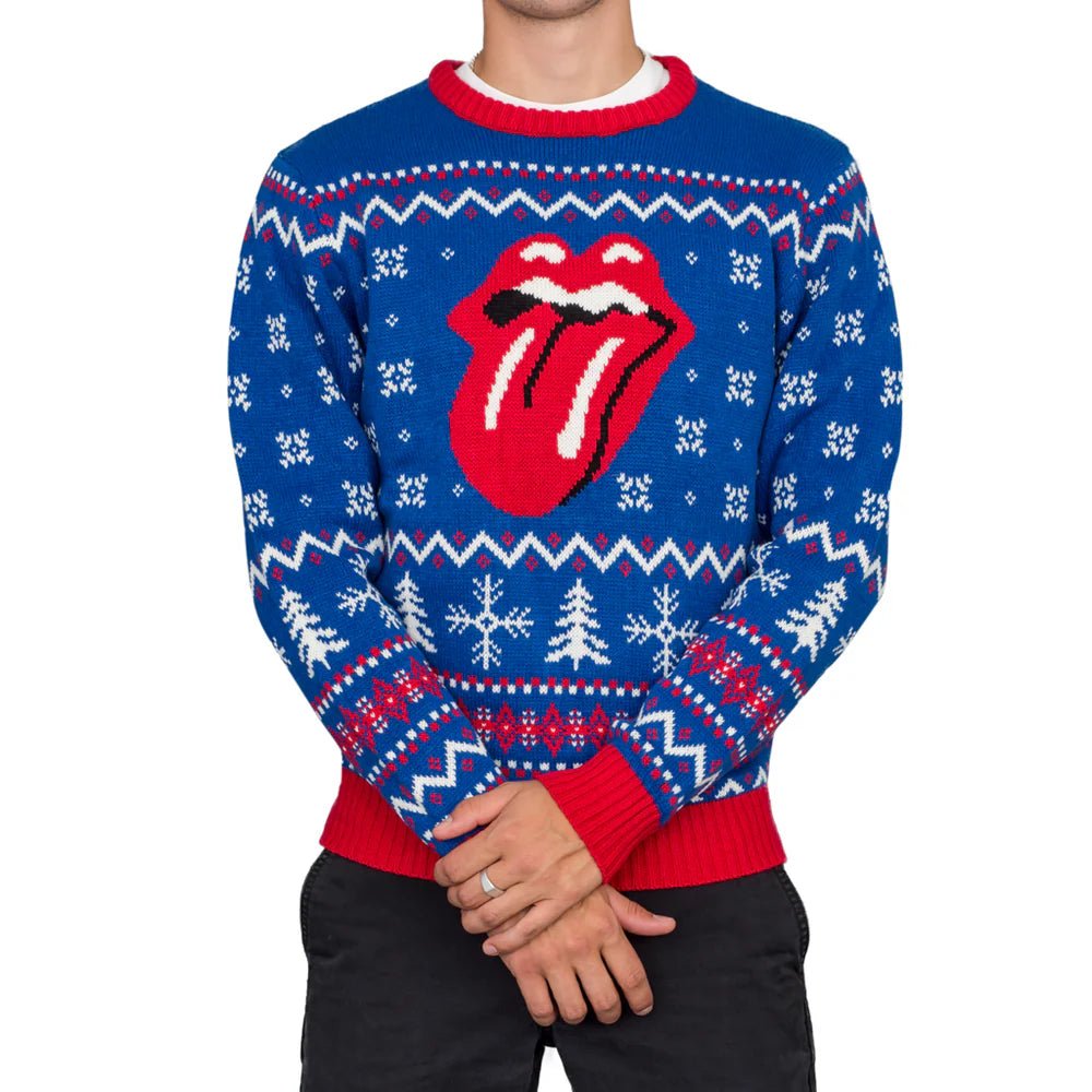 Rolling Stones Lips Logo Adult Unisex Blue Ugly Christmas Sweater - TVStoreOnline