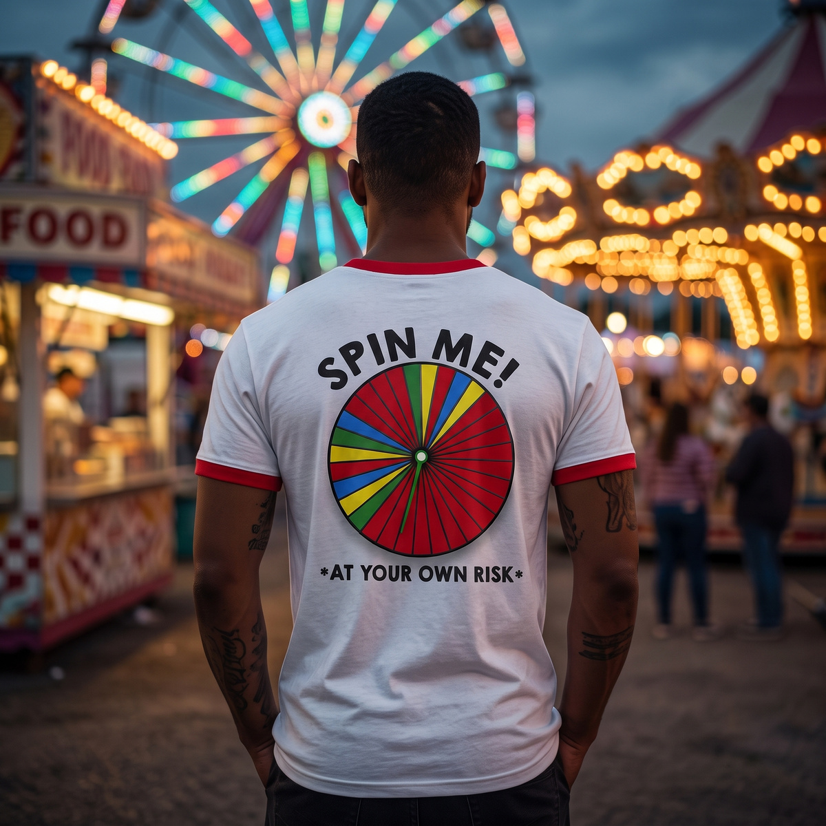 Back view of man in Spin Me Game T-shirt with spinner graphic at a carnival at night