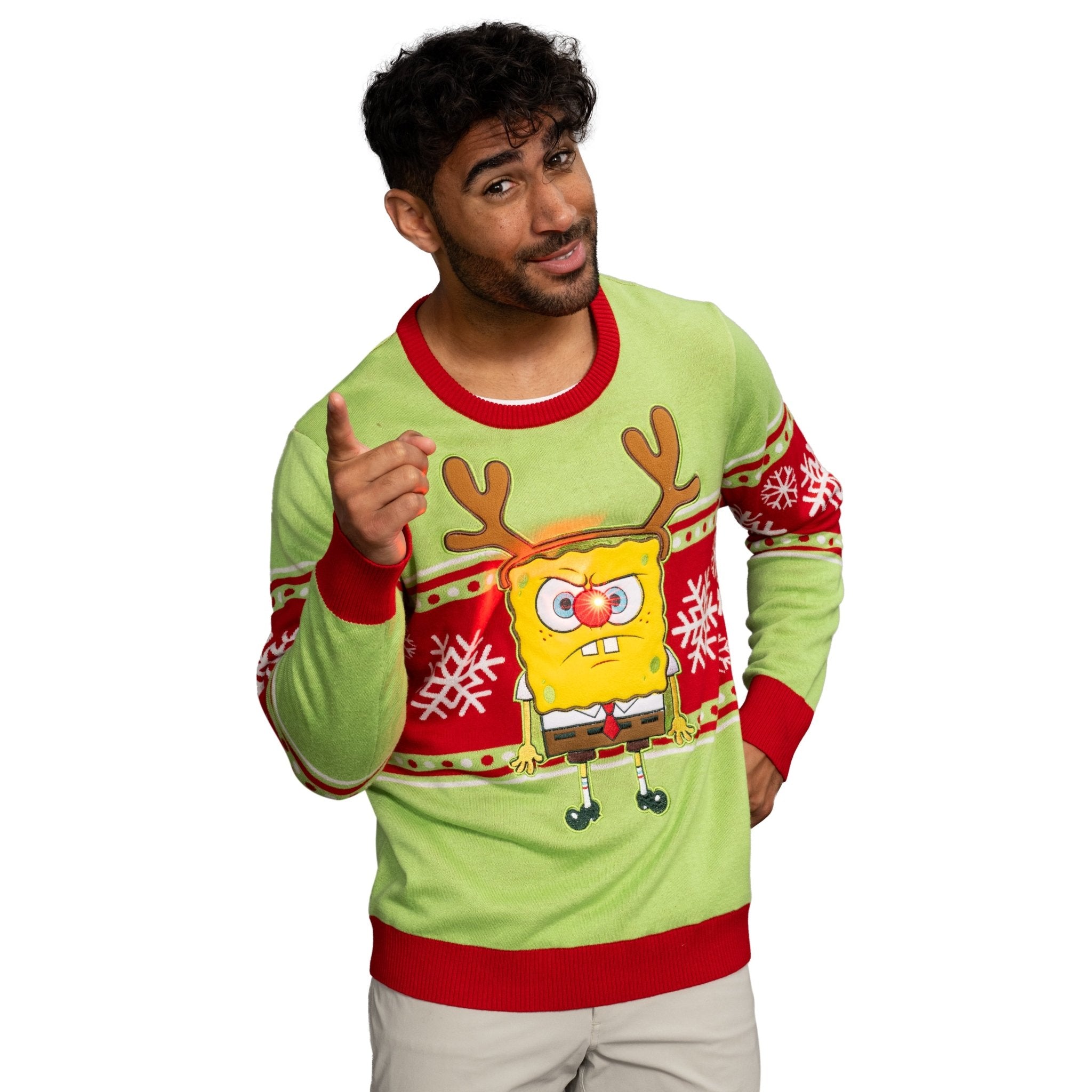 Spongebob LED Reindeer Nose Ugly Christmas Sweater - TVStoreOnline