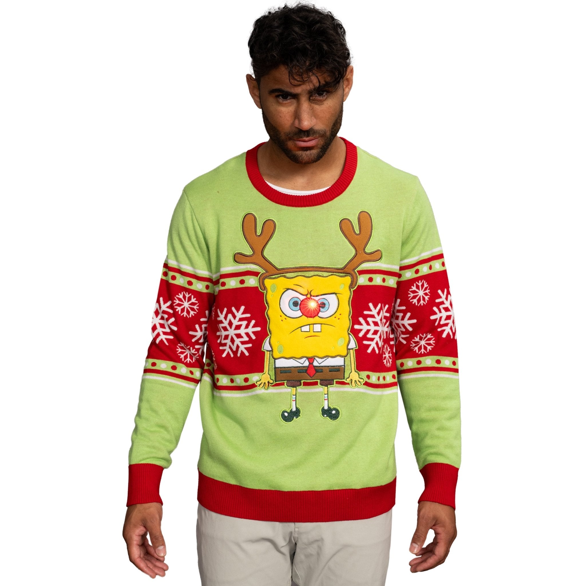 Spongebob LED Reindeer Nose Ugly Christmas Sweater - TVStoreOnline