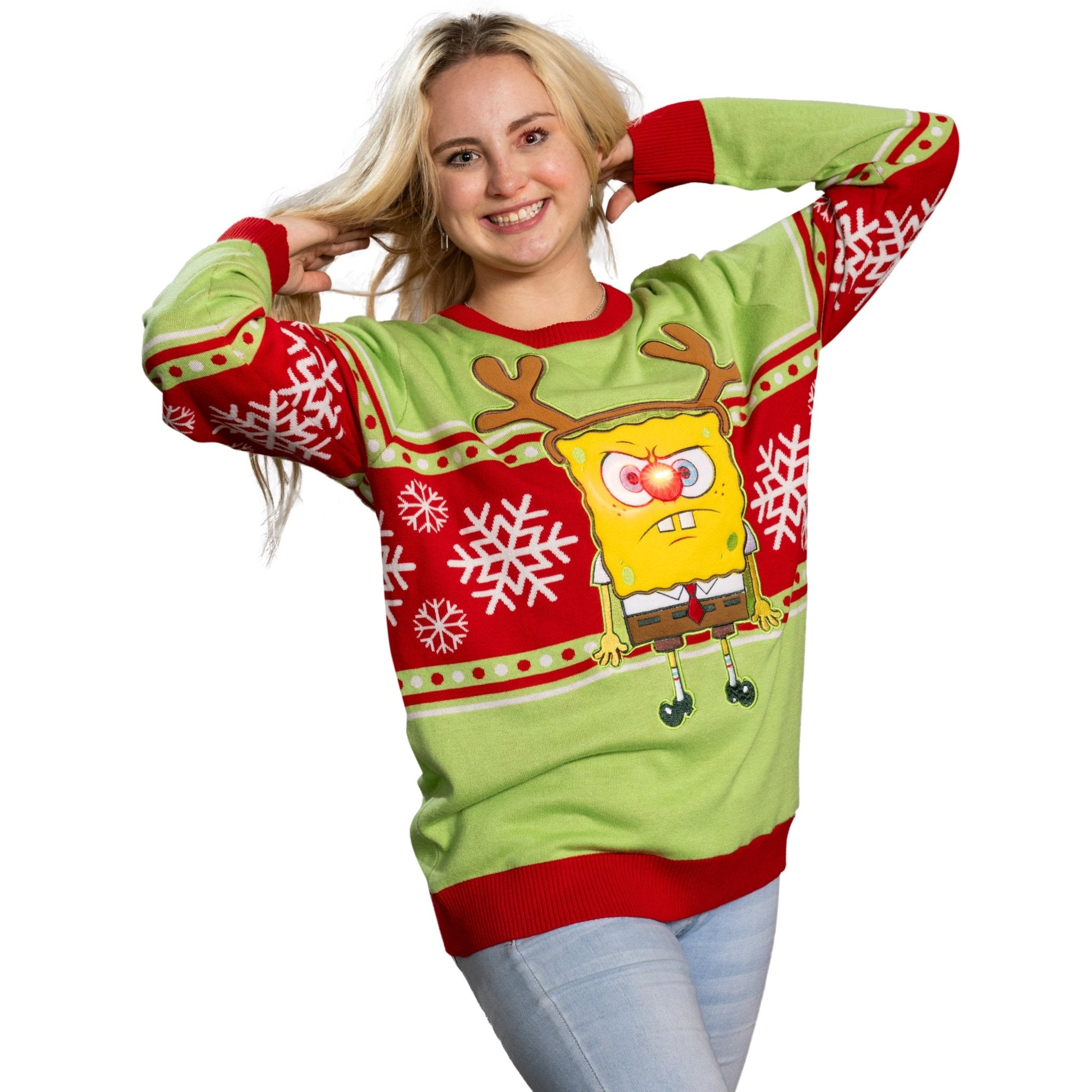 Spongebob LED Reindeer Nose Ugly Christmas Sweater - TVStoreOnline