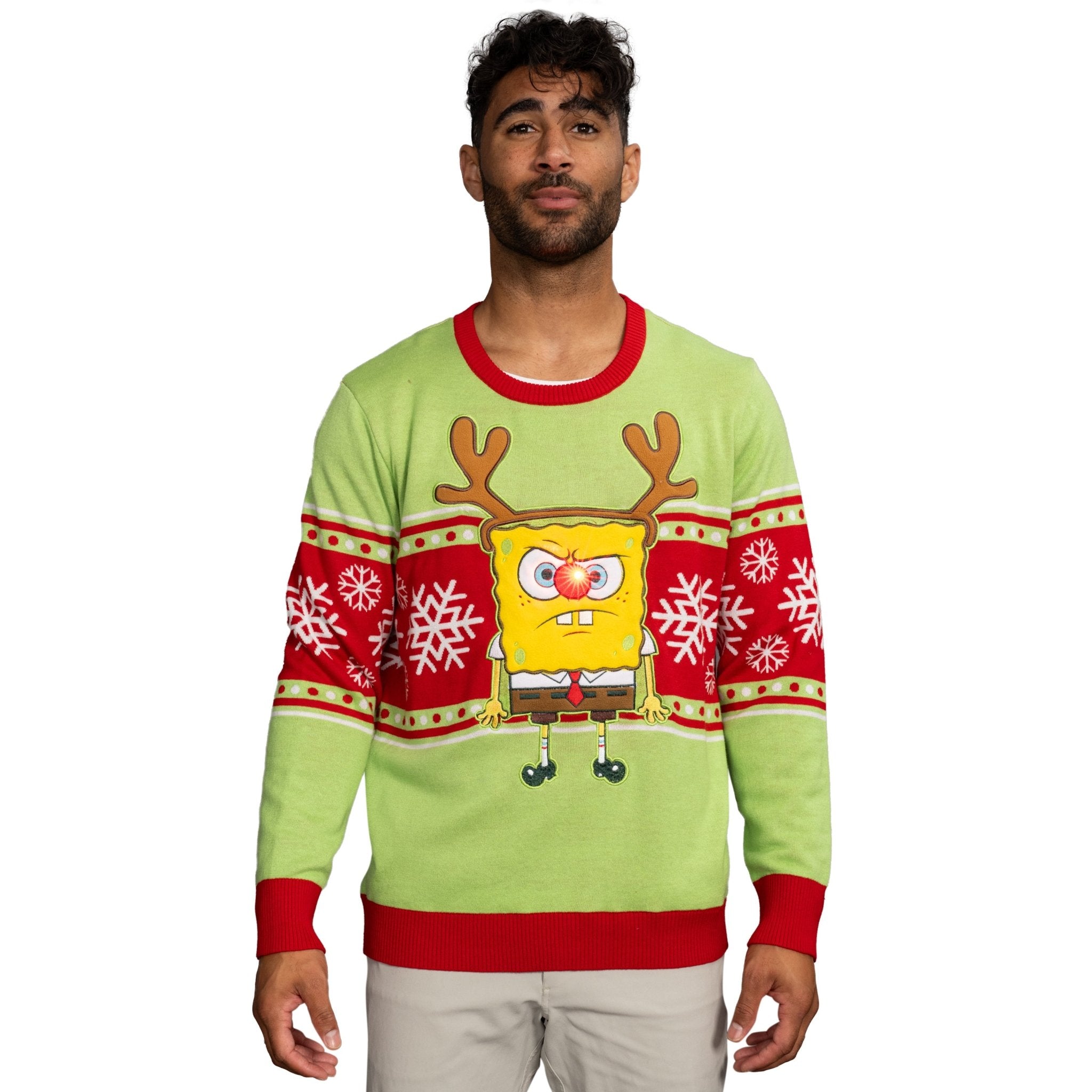 Spongebob LED Reindeer Nose Ugly Christmas Sweater - TVStoreOnline