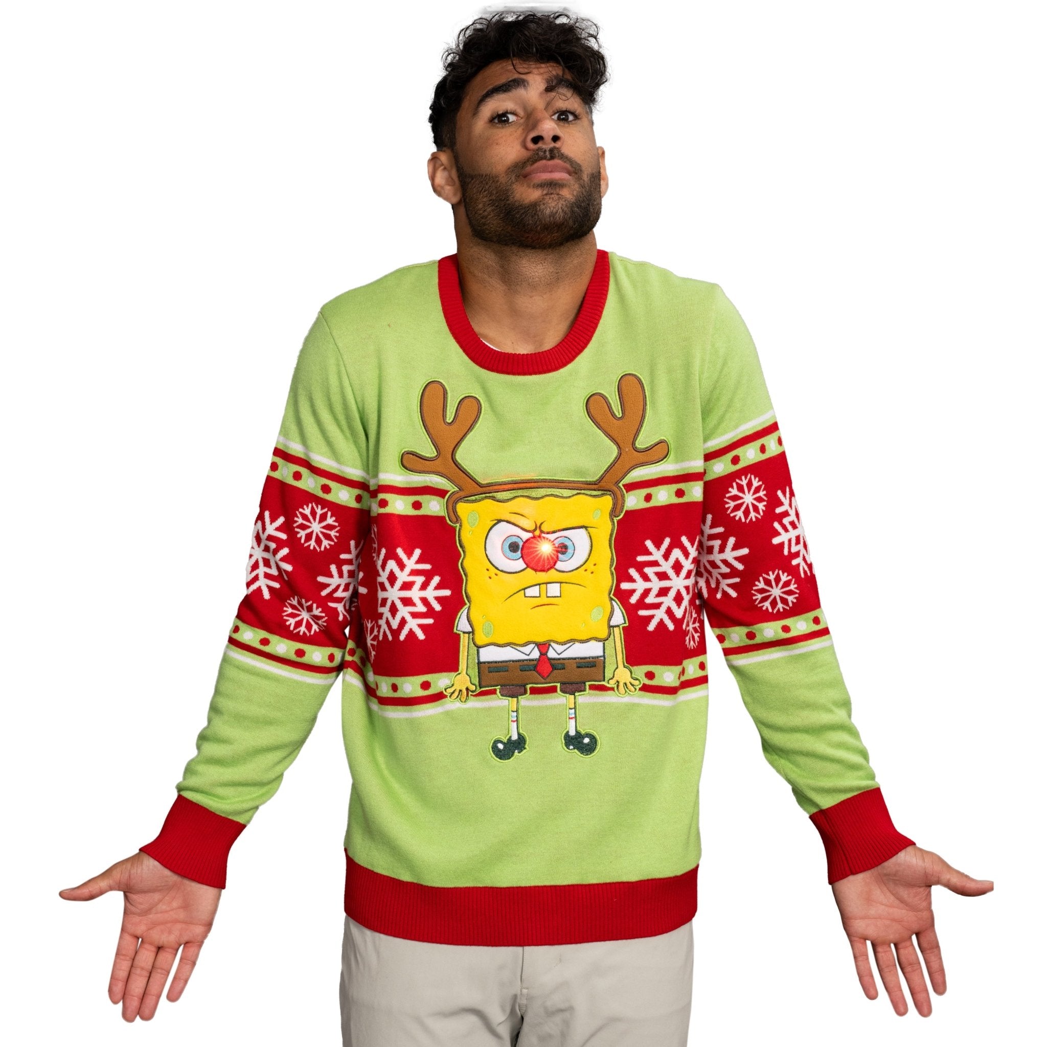 Spongebob LED Reindeer Nose Ugly Christmas Sweater - TVStoreOnline
