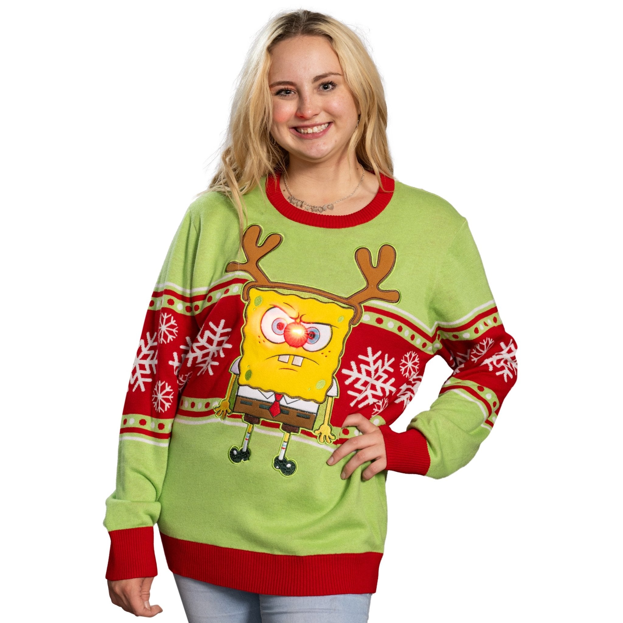 Spongebob LED Reindeer Nose Ugly Christmas Sweater - TVStoreOnline