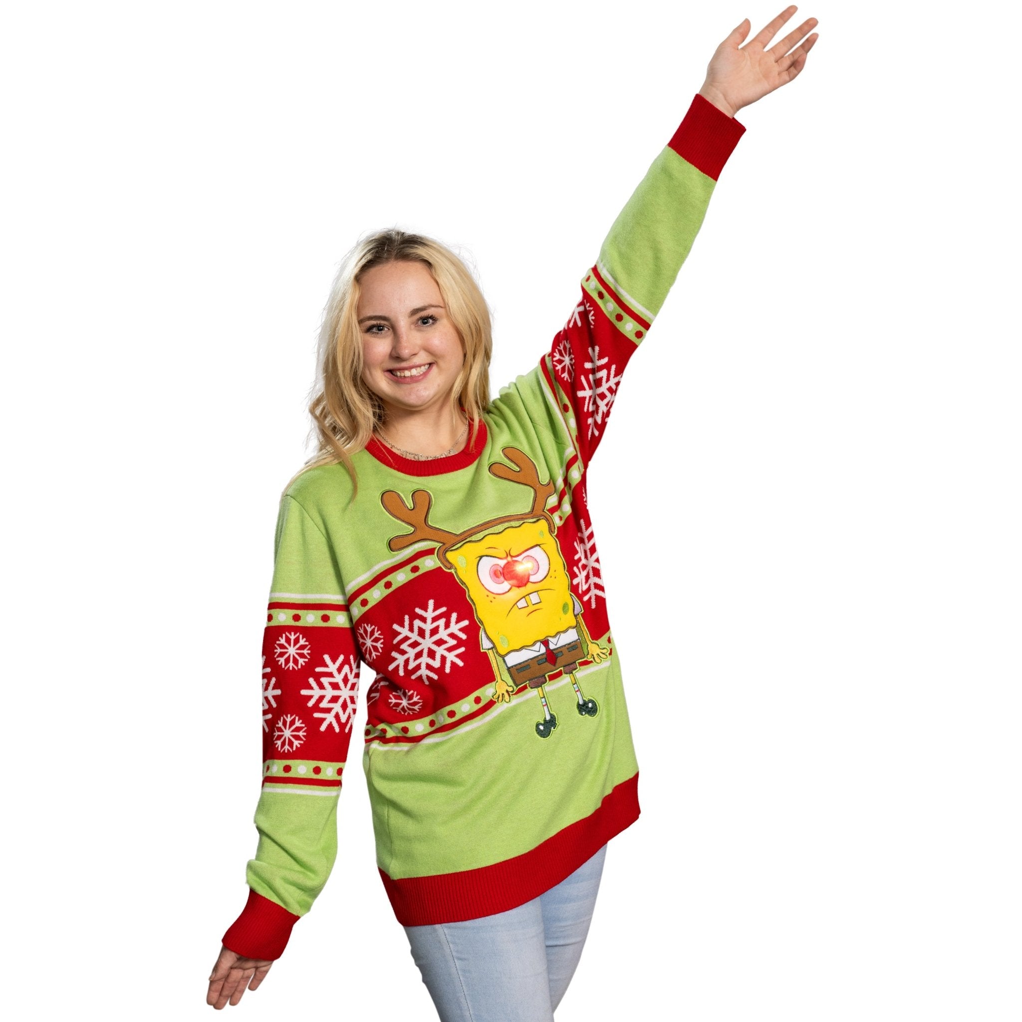 Spongebob LED Reindeer Nose Ugly Christmas Sweater - TVStoreOnline