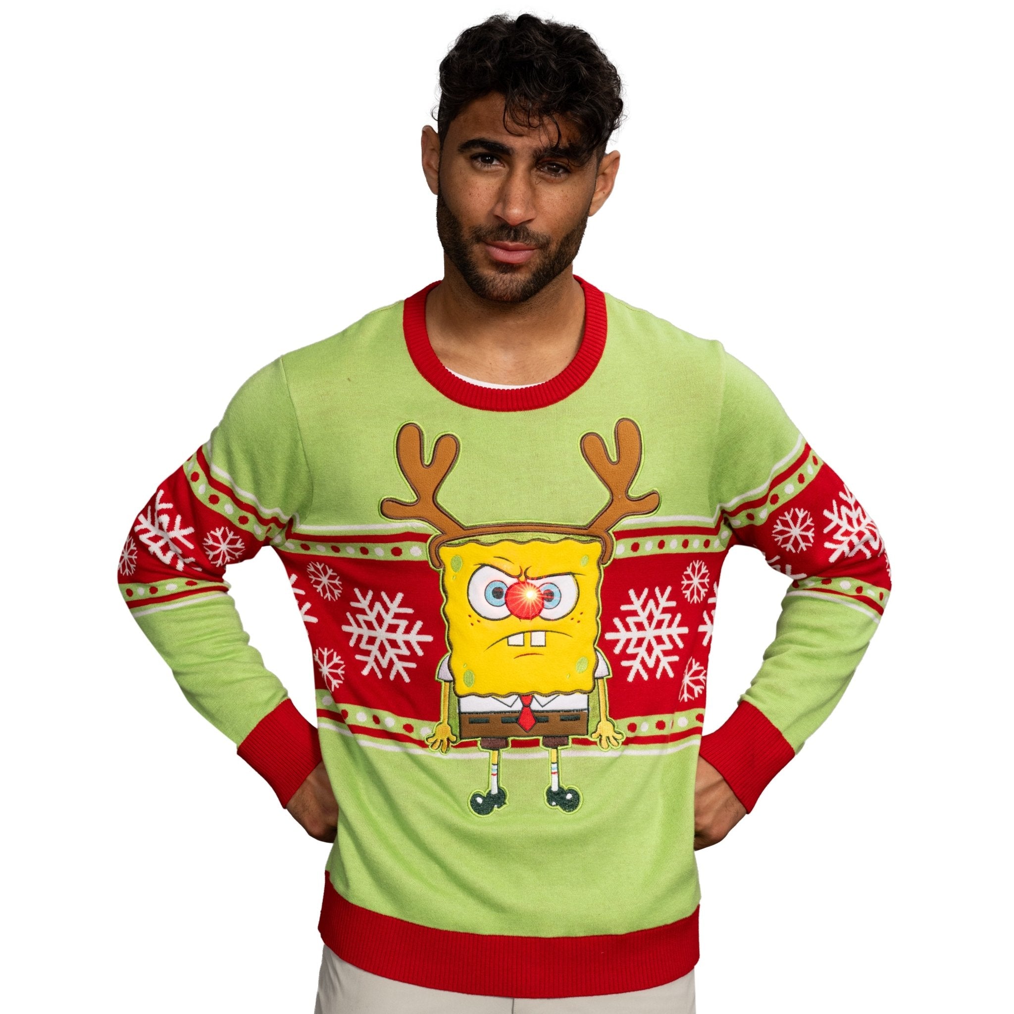 Spongebob LED Reindeer Nose Ugly Christmas Sweater - TVStoreOnline
